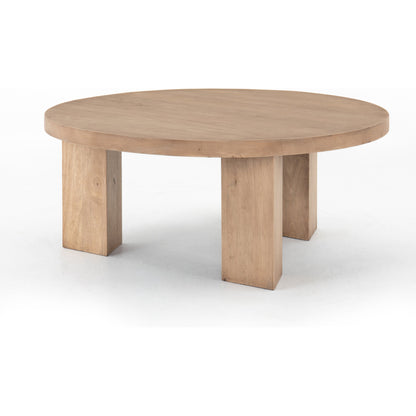 Mesa Round Coffee Table by Four Hands in light brushed parawood. Made from solid parawood in a eclectic & global style.