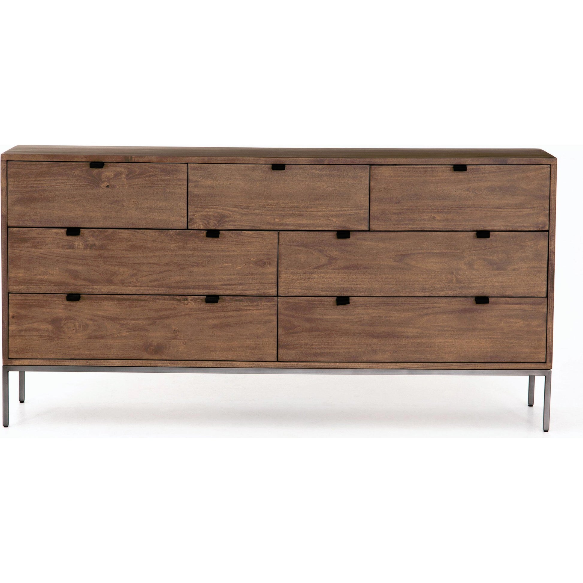 Trey 7 Drawer Dresser by Four Hands. Made from solid poplar, top grain leather in a rustic style.