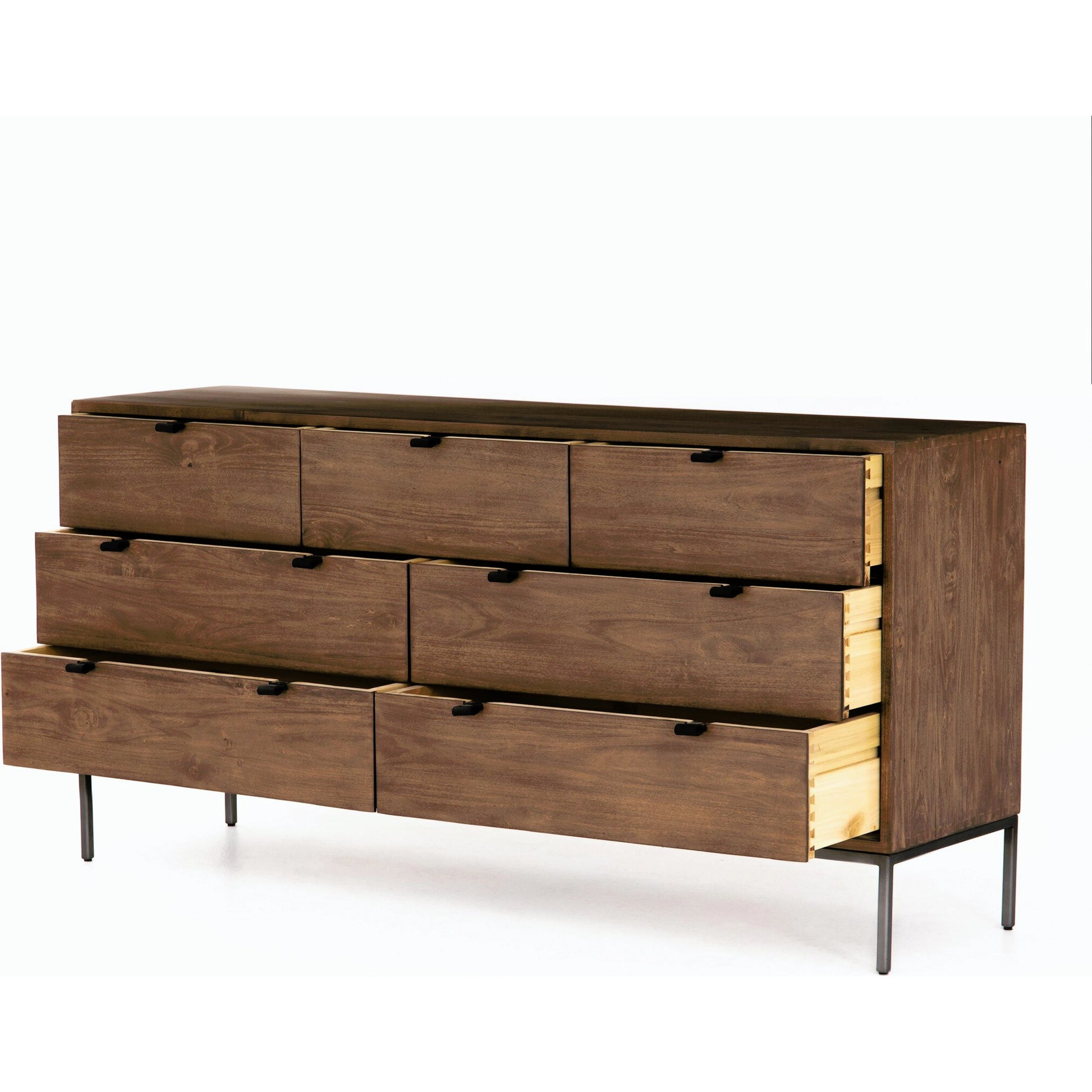 Trey 7 Drawer Dresser by Four Hands. Made from solid poplar, top grain leather in a rustic style.