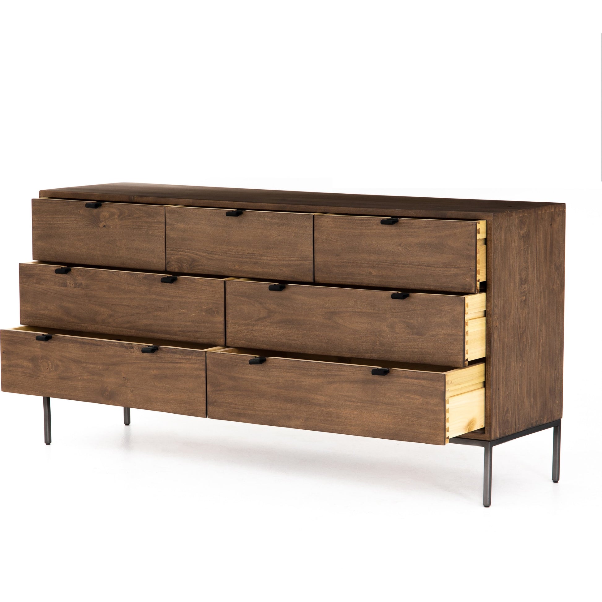 Trey 7 Drawer Dresser by Four Hands. Made from solid poplar, top grain leather in a rustic style.