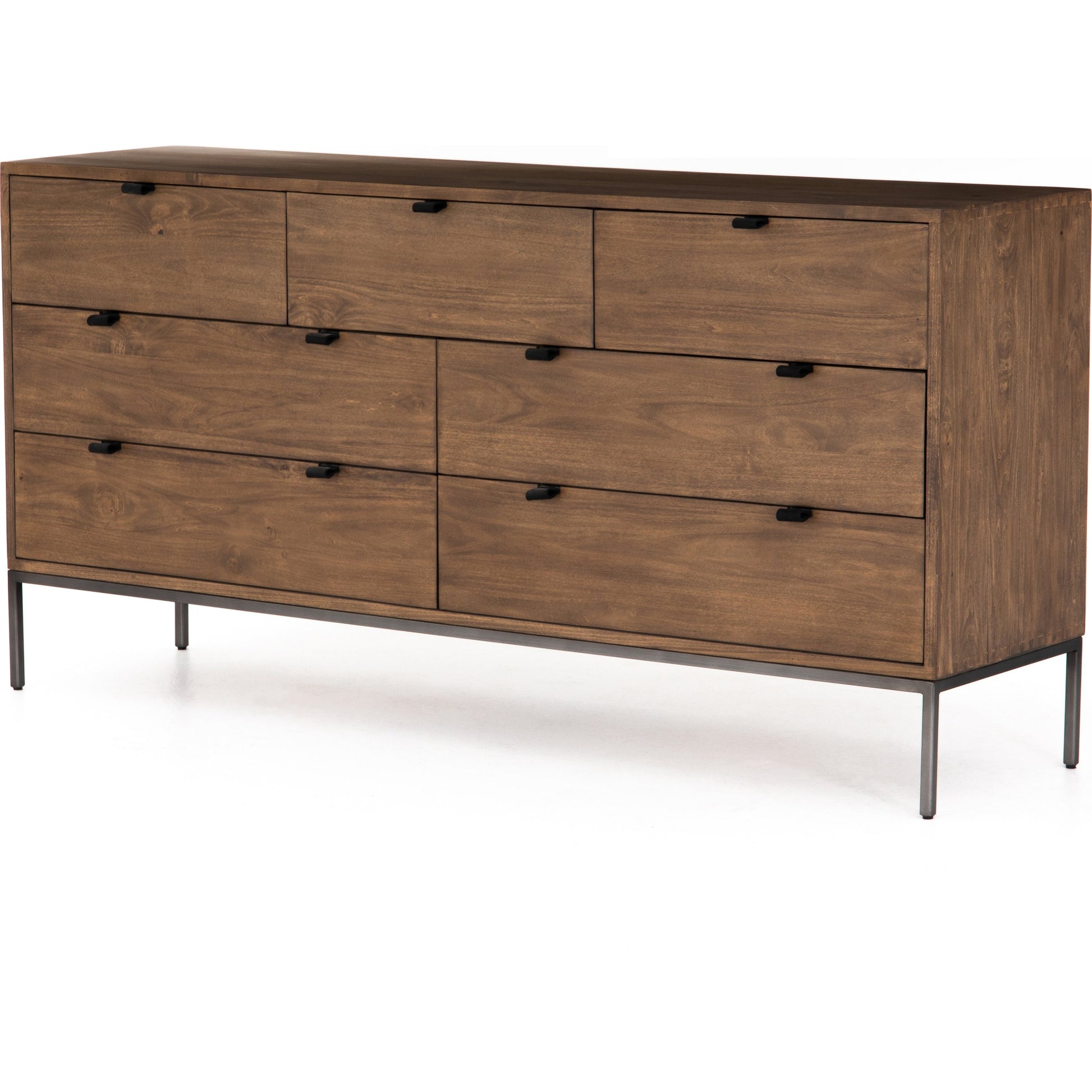 Trey 7 Drawer Dresser by Four Hands. Made from solid poplar, top grain leather in a rustic style.