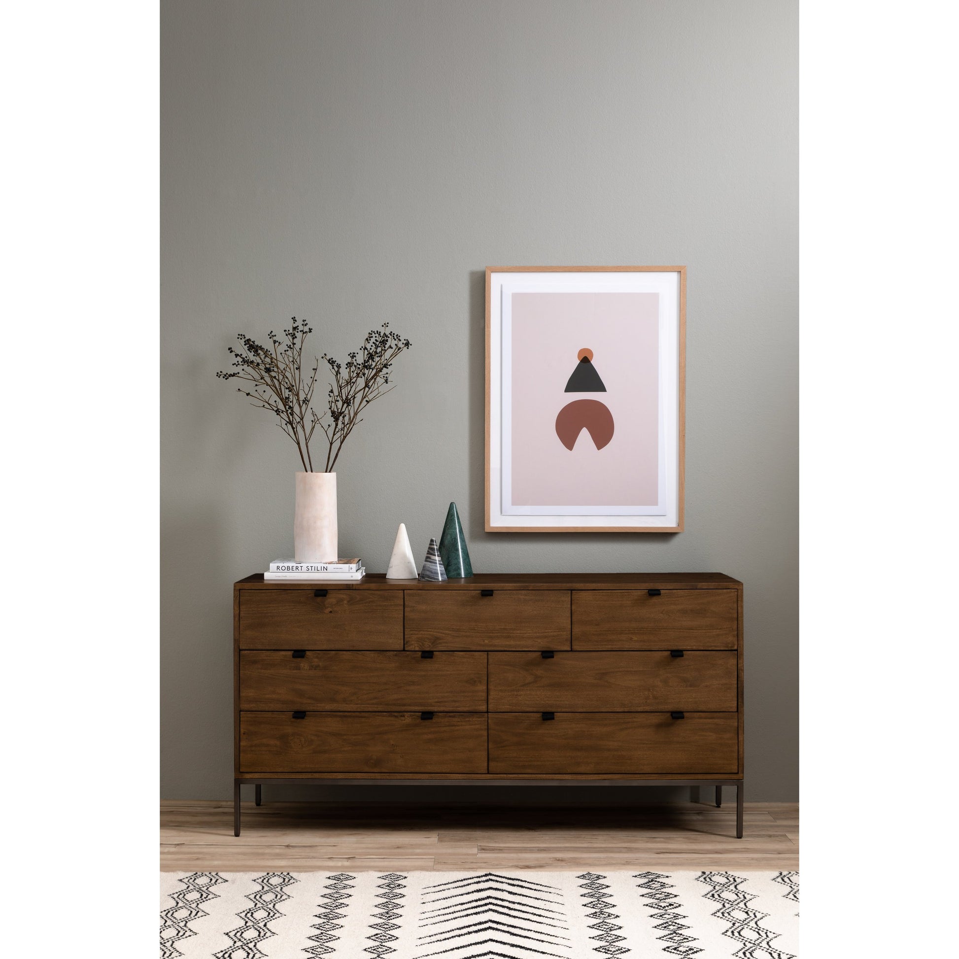Trey 7 Drawer Dresser by Four Hands. Made from solid poplar, top grain leather in a rustic style.