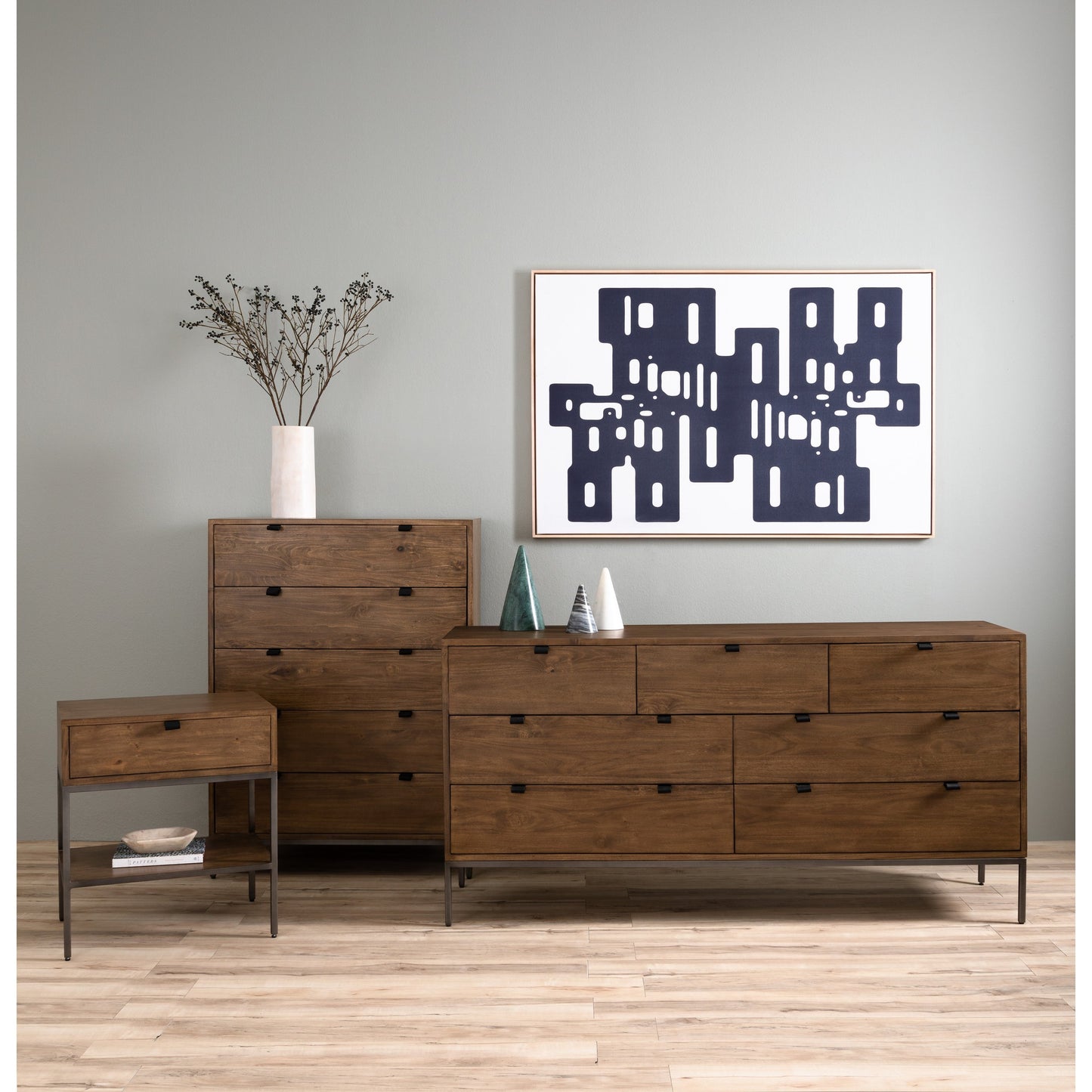 022 SI-2137666 | Lifestyle | Trey 7 Drawer Dresser by Four Hands. Made from solid poplar, top grain leather in a rustic style.