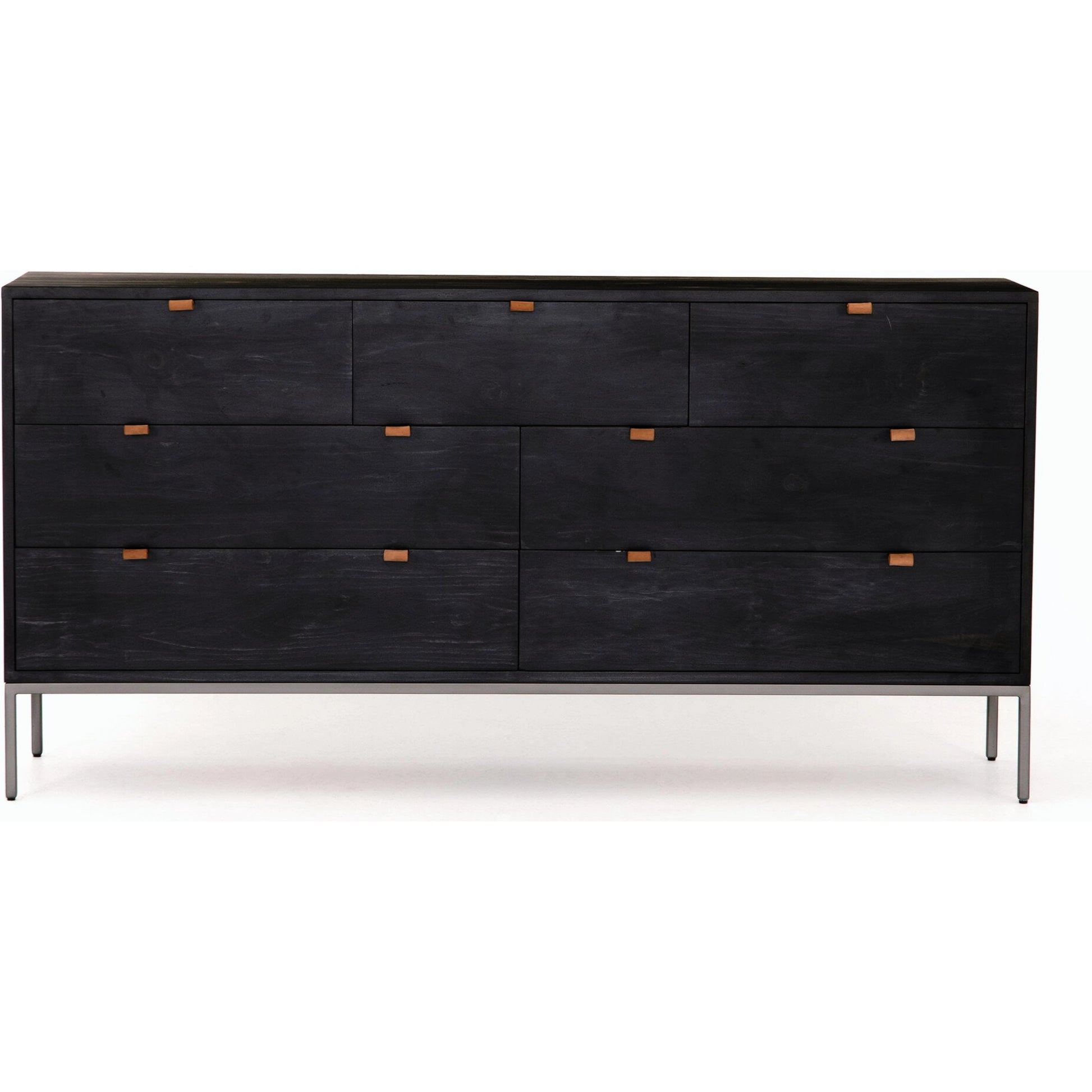 Trey 7 Drawer Dresser by Four Hands. Made from solid poplar, top grain leather in a rustic style.