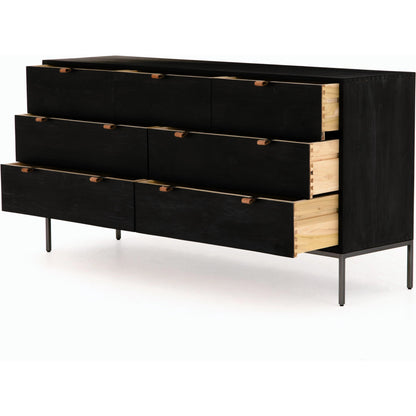 Trey 7 Drawer Dresser by Four Hands. Made from solid poplar, top grain leather in a rustic style.