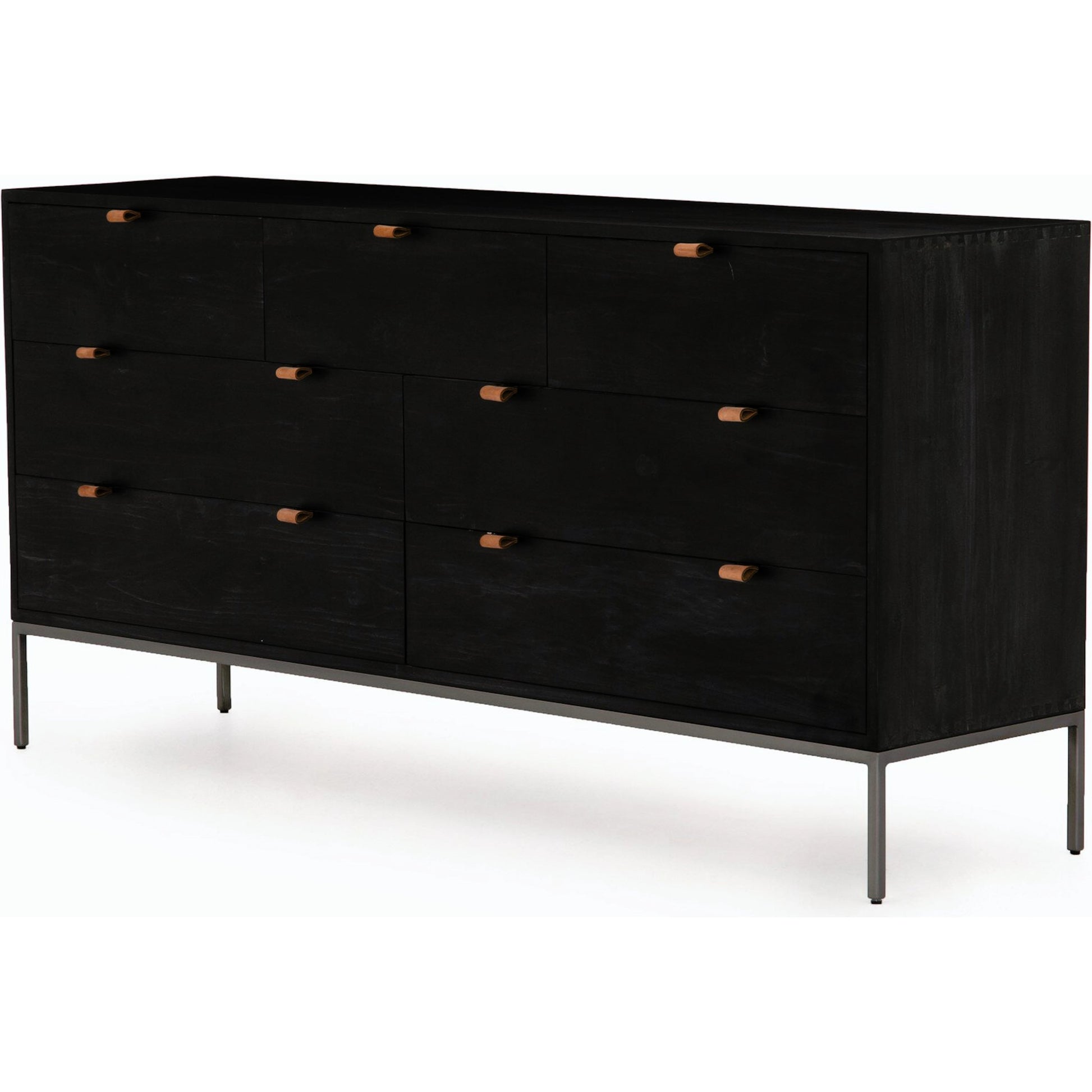 Trey 7 Drawer Dresser by Four Hands. Made from solid poplar, top grain leather in a rustic style.