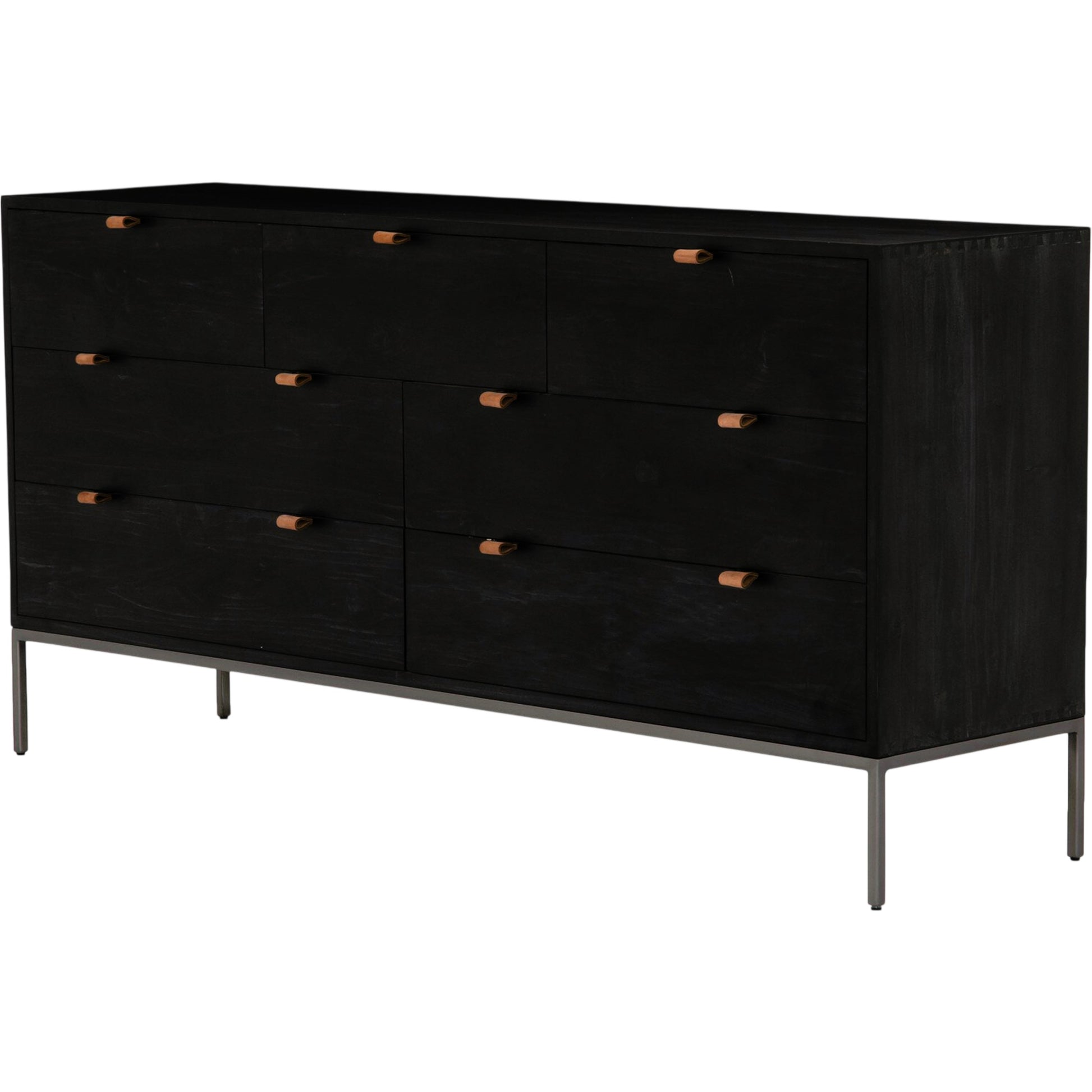 Trey 7 Drawer Dresser by Four Hands. Made from solid poplar, top grain leather in a rustic style.