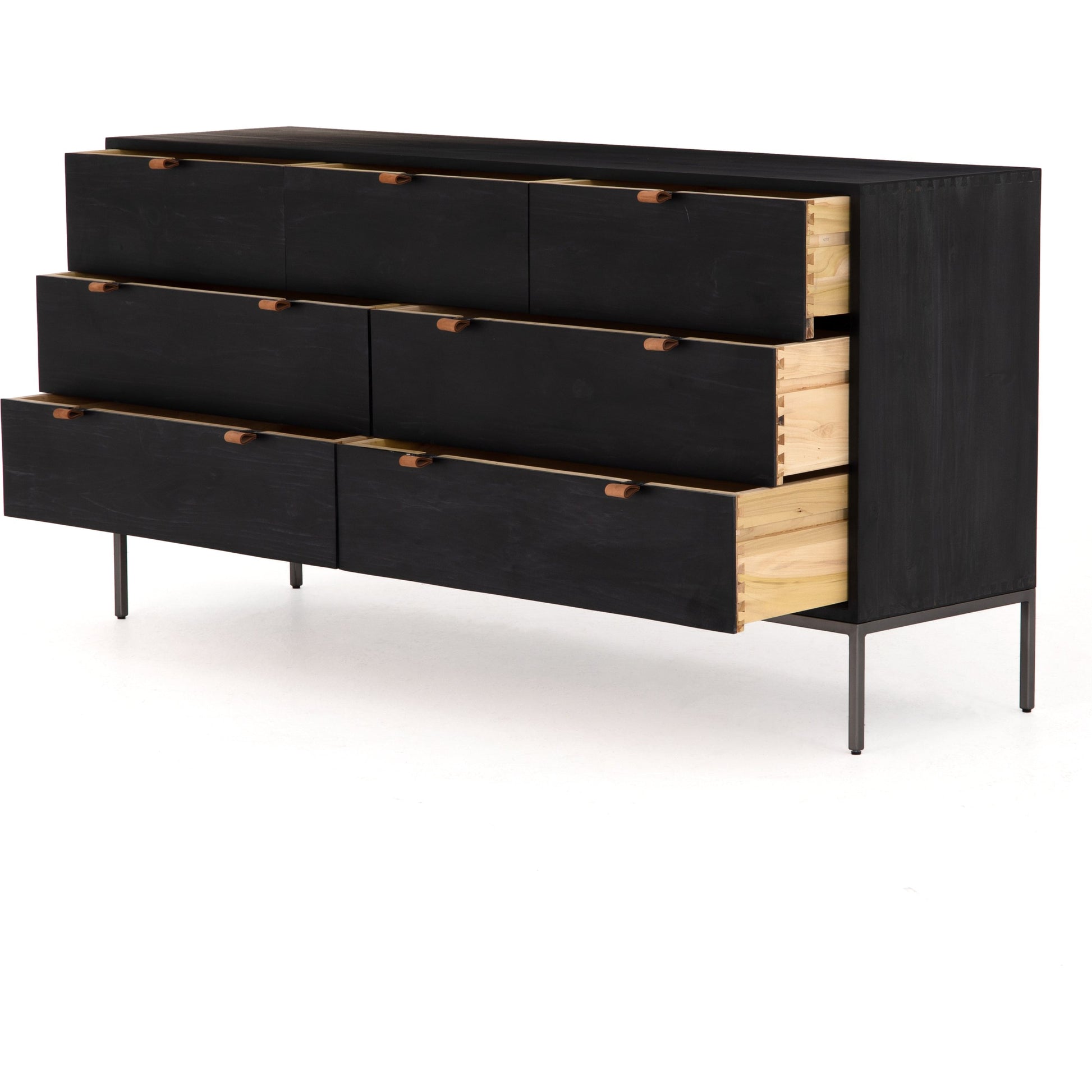 Trey 7 Drawer Dresser by Four Hands. Made from solid poplar, top grain leather in a rustic style.