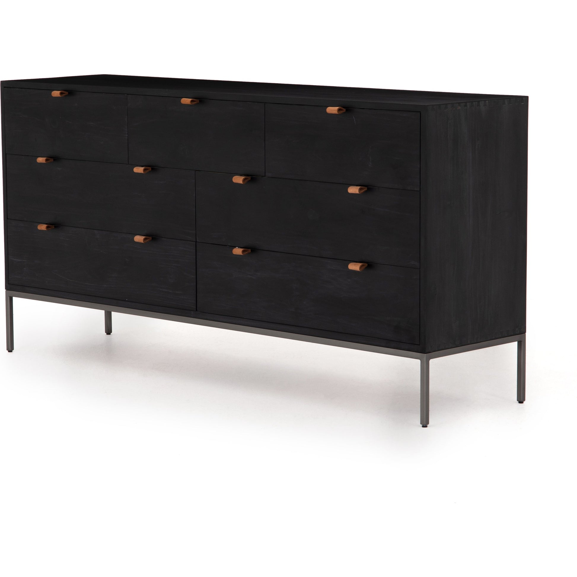Trey 7 Drawer Dresser by Four Hands. Made from solid poplar, top grain leather in a rustic style.