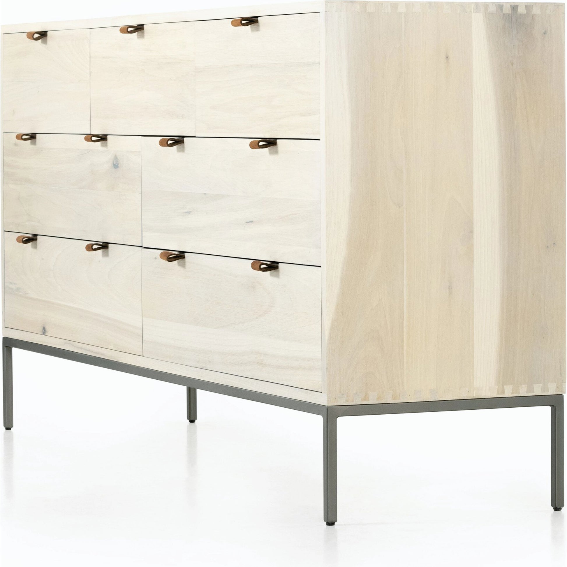 Trey 7 Drawer Dresser by Four Hands. Made from solid poplar, top grain leather in a rustic style.