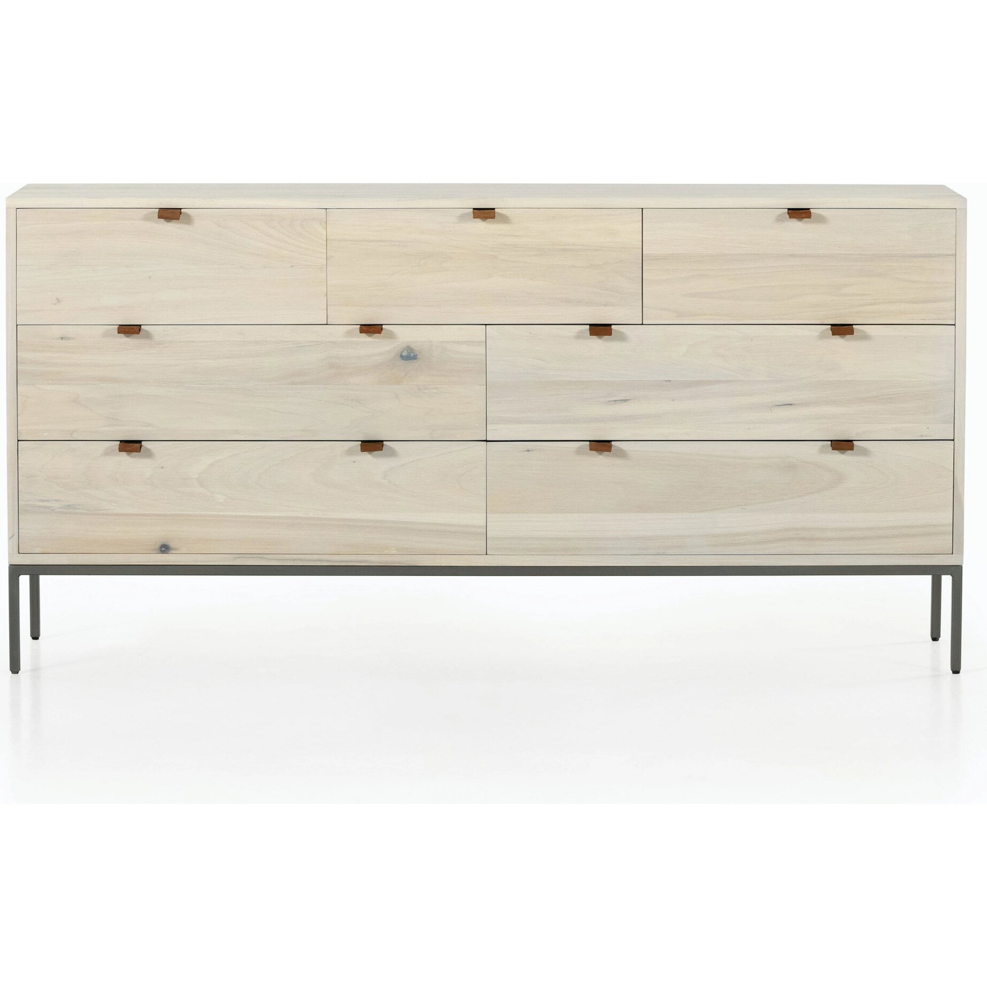 Trey 7 Drawer Dresser by Four Hands. Made from solid poplar, top grain leather in a rustic style.