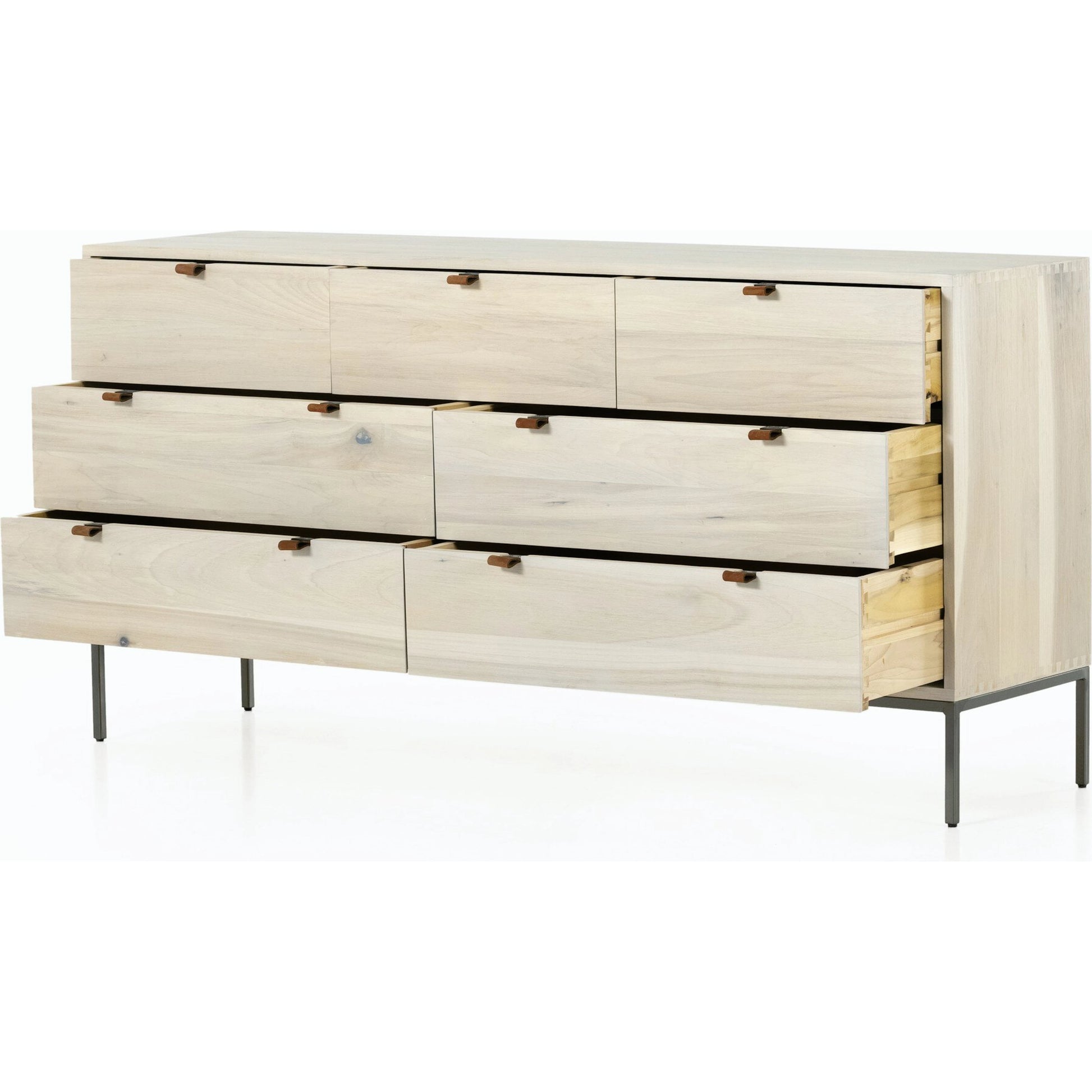 Trey 7 Drawer Dresser by Four Hands. Made from solid poplar, top grain leather in a rustic style.