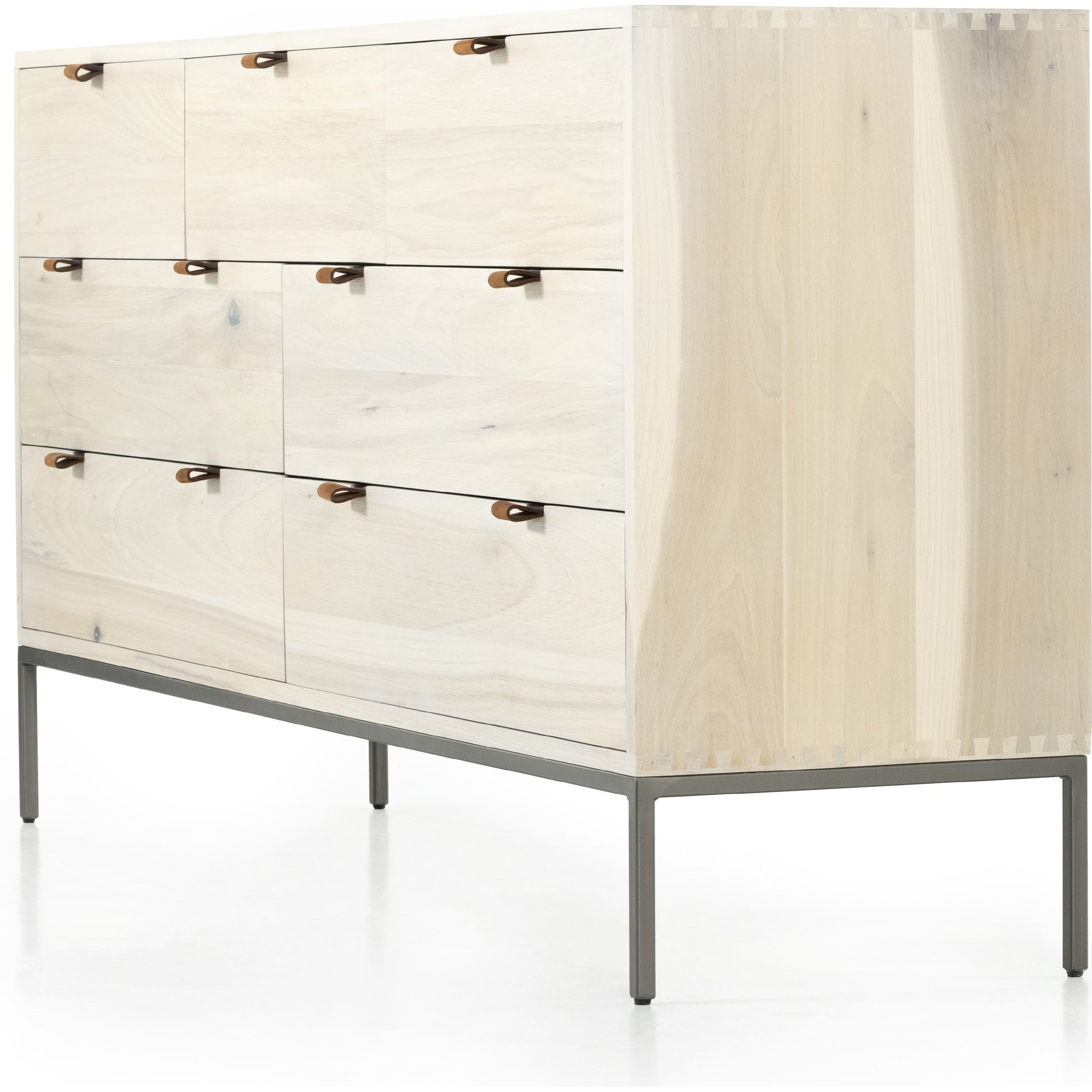 Trey 7 Drawer Dresser by Four Hands. Made from solid poplar, top grain leather in a rustic style.