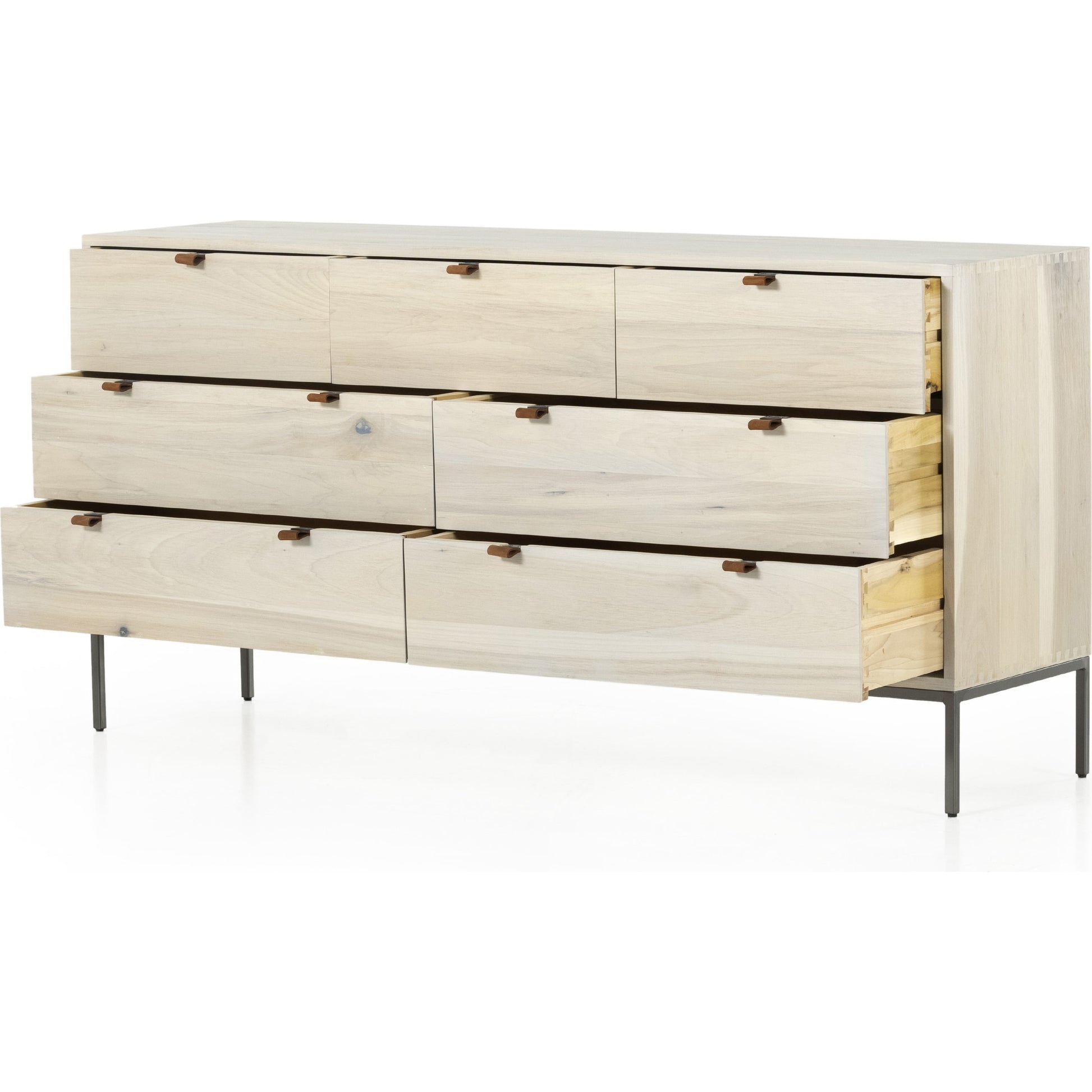 Trey 7 Drawer Dresser by Four Hands. Made from solid poplar, top grain leather in a rustic style.