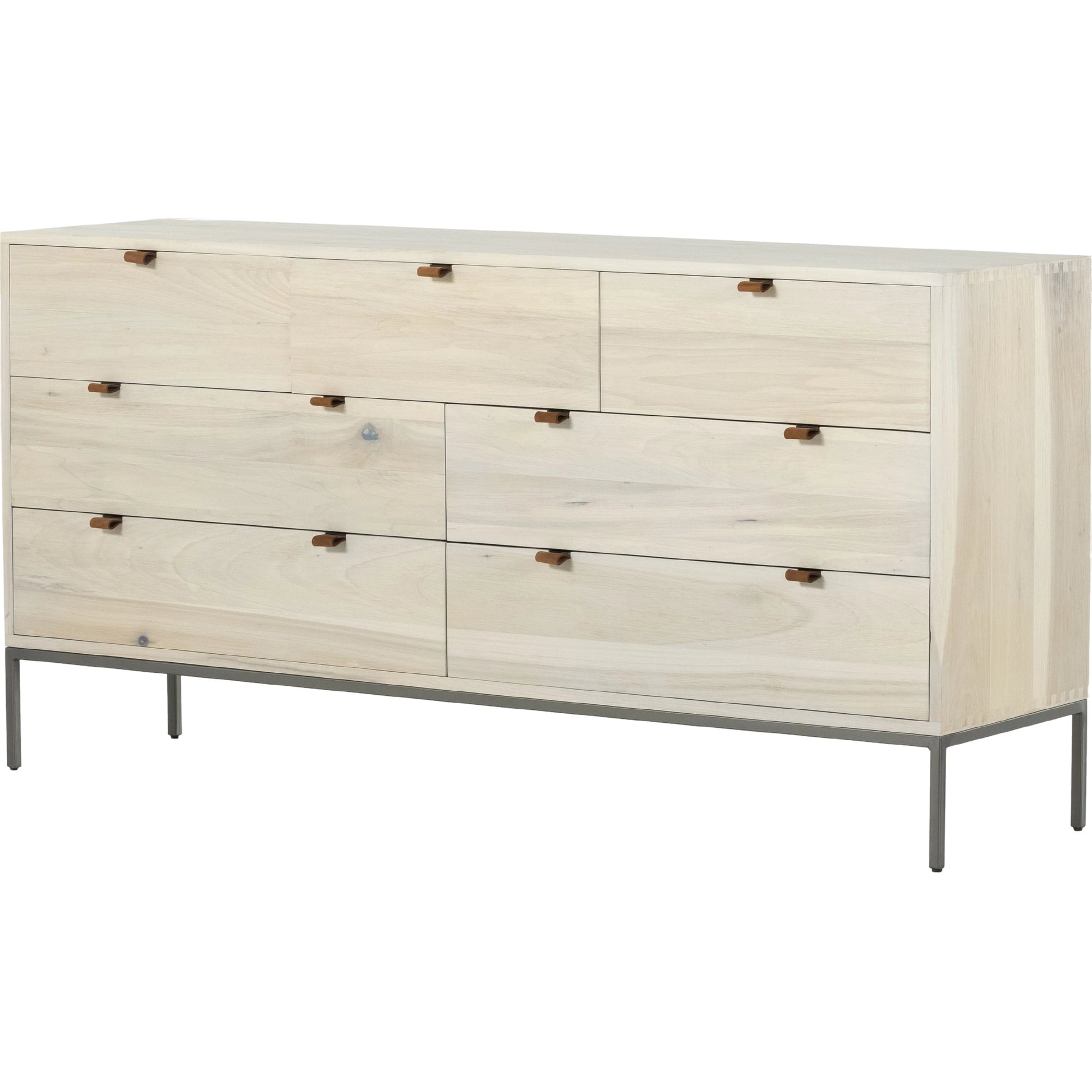 Trey 7 Drawer Dresser by Four Hands. Made from solid poplar, top grain leather in a rustic style.