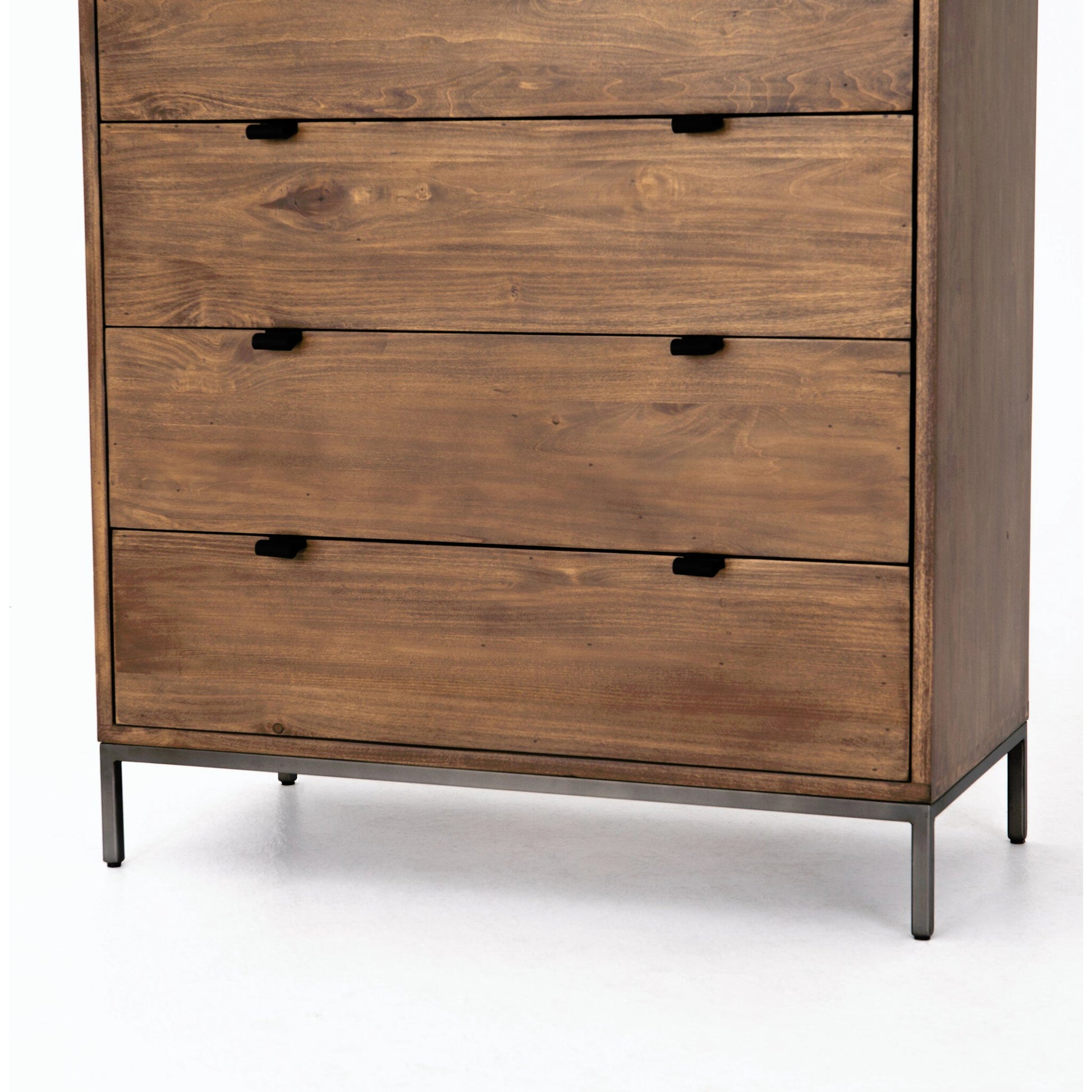 Trey 5 Drawer Dresser by Four Hands. Made from solid poplar, top grain leather, iron in a rustic style.