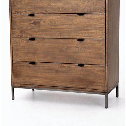 Trey 5 Drawer Dresser by Four Hands. Made from solid poplar, top grain leather, iron in a rustic style.