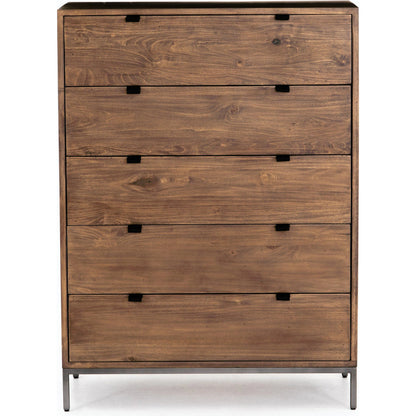 Trey 5 Drawer Dresser by Four Hands. Made from solid poplar, top grain leather, iron in a rustic style.