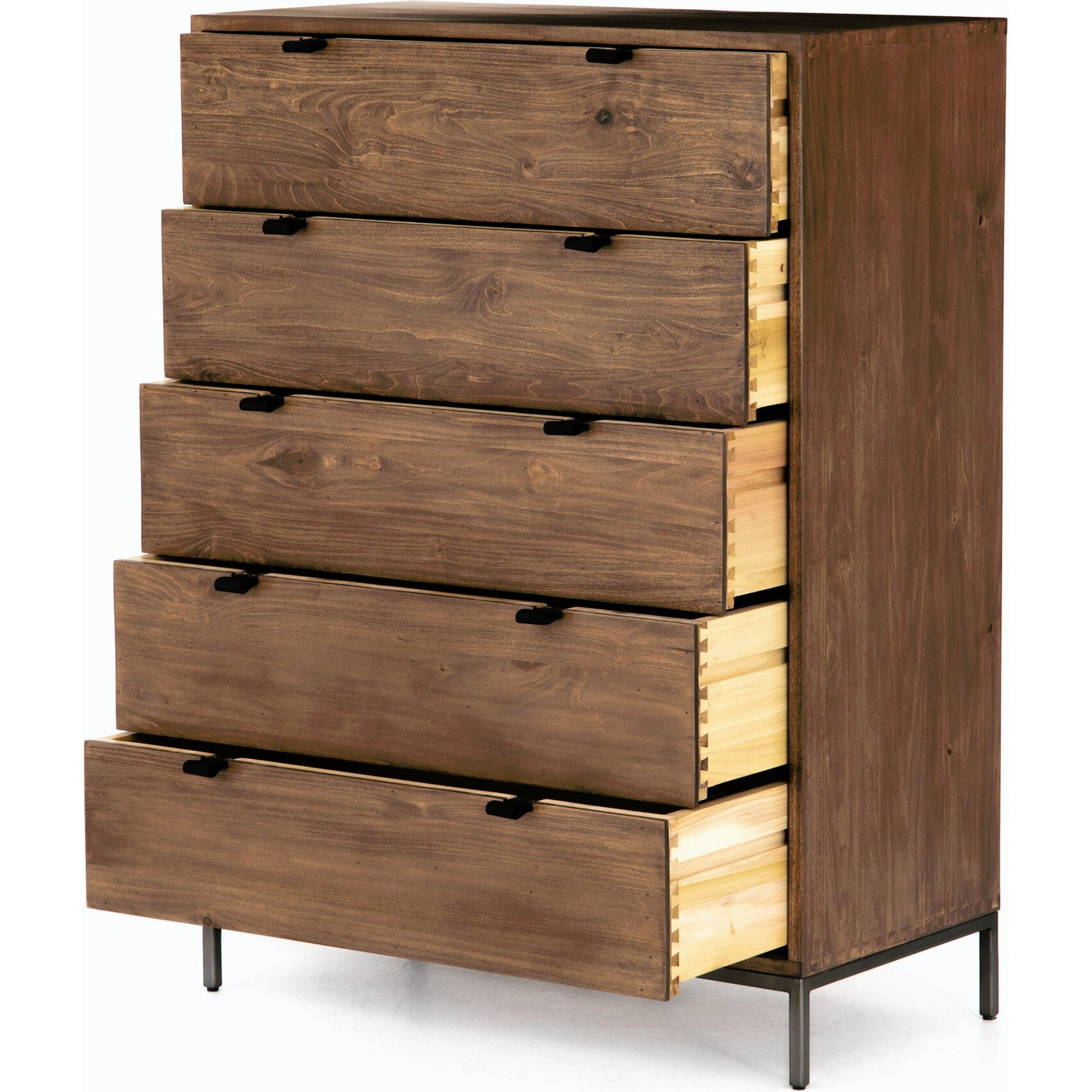 Trey 5 Drawer Dresser by Four Hands. Made from solid poplar, top grain leather, iron in a rustic style.