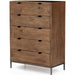 Trey 5 Drawer Dresser by Four Hands. Made from solid poplar, top grain leather, iron in a rustic style.
