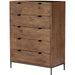 Trey 5 Drawer Dresser by Four Hands. Made from solid poplar, top grain leather, iron in a rustic style.