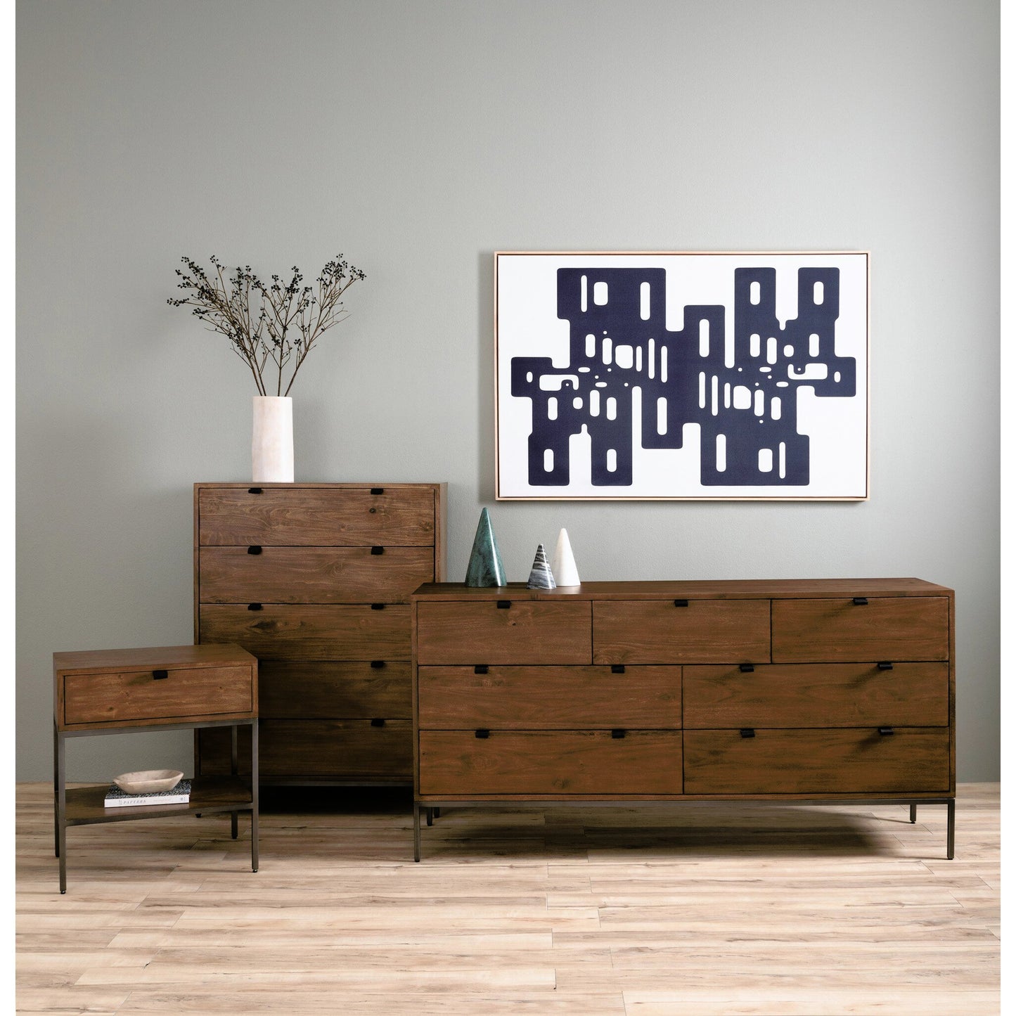 034 SI-2137664 | Lifestyle | Trey 5 Drawer Dresser by Four Hands. Made from solid poplar, top grain leather, iron in a rustic style.