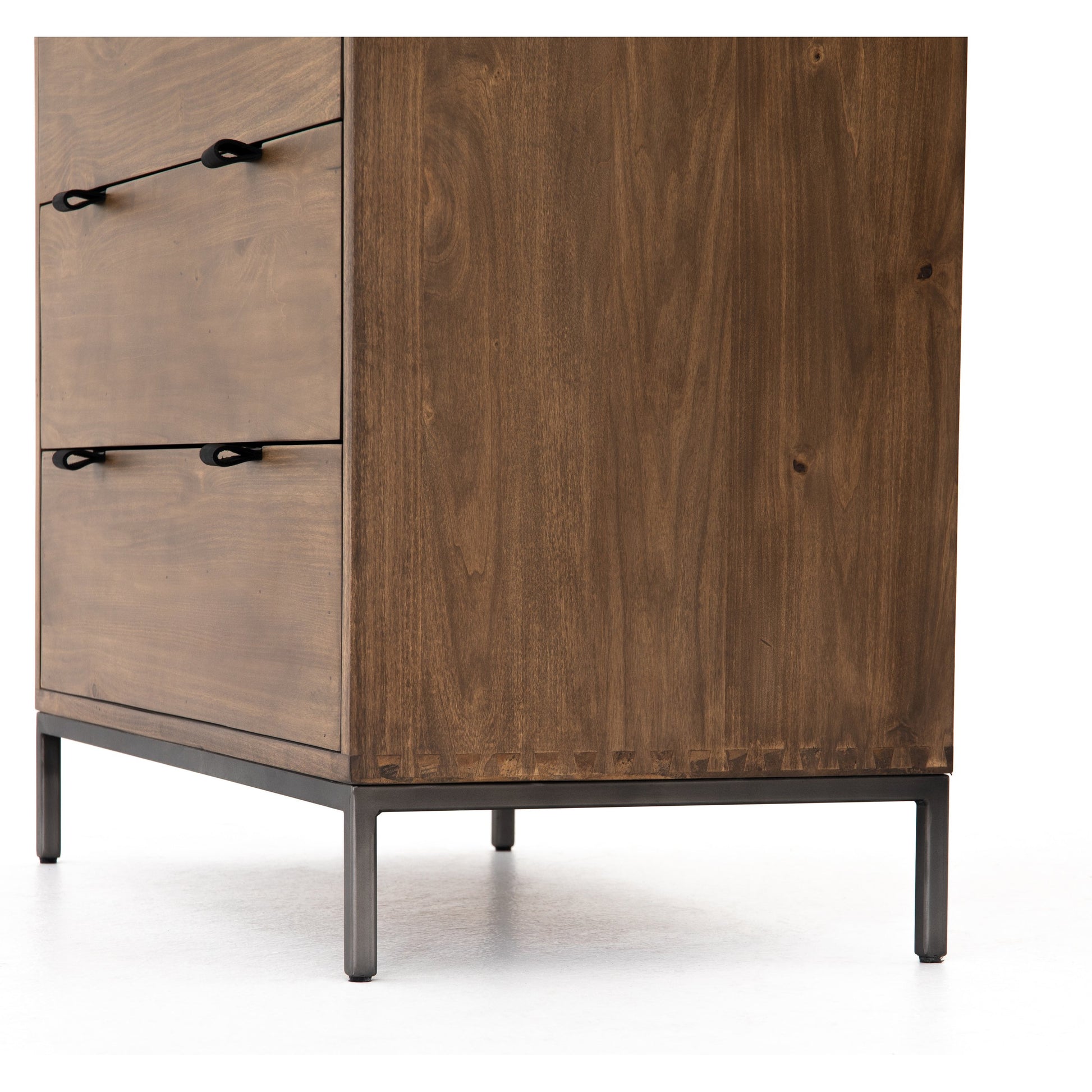 Trey 5 Drawer Dresser by Four Hands. Made from solid poplar, top grain leather, iron in a rustic style.