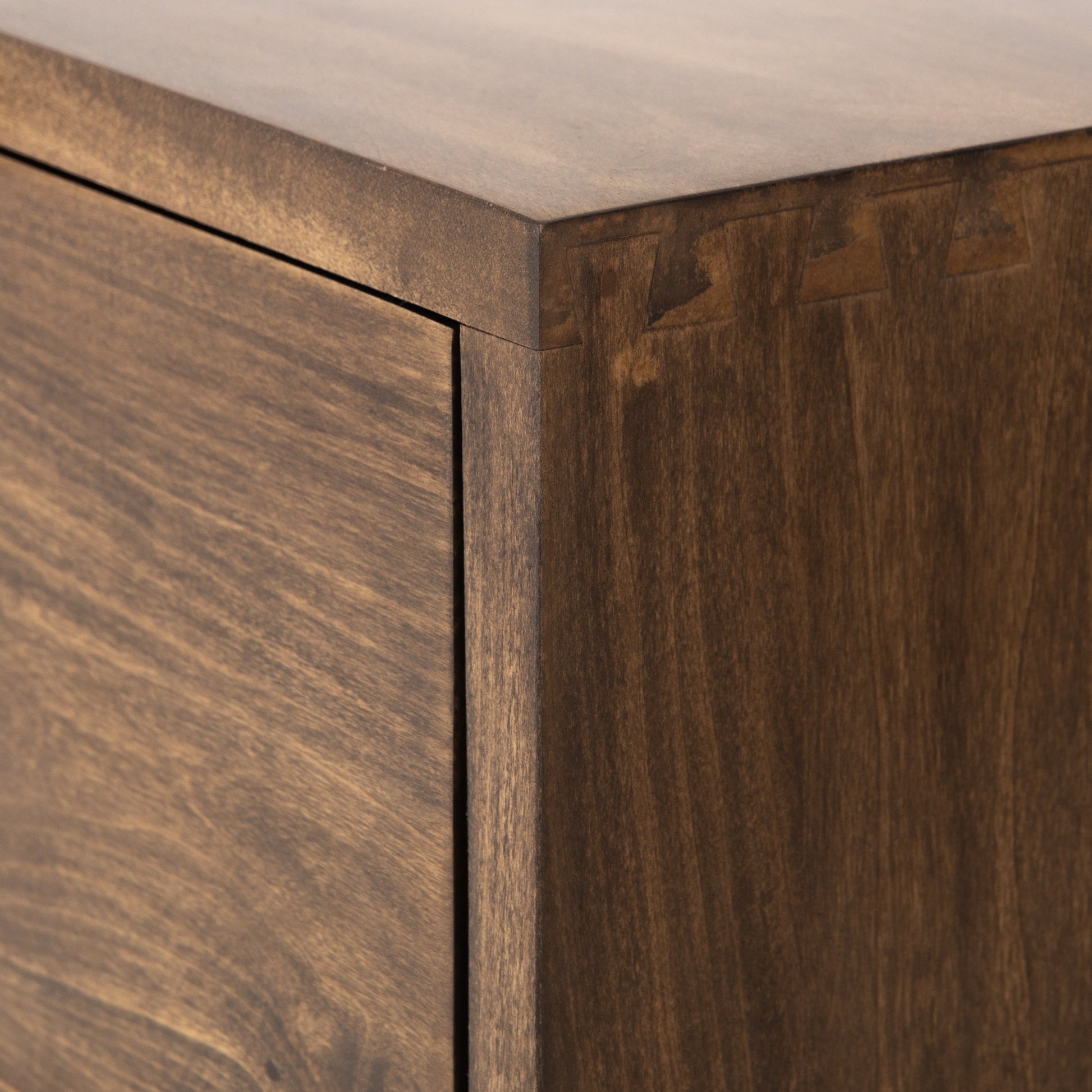 Trey 5 Drawer Dresser by Four Hands. Made from solid poplar, top grain leather, iron in a rustic style.