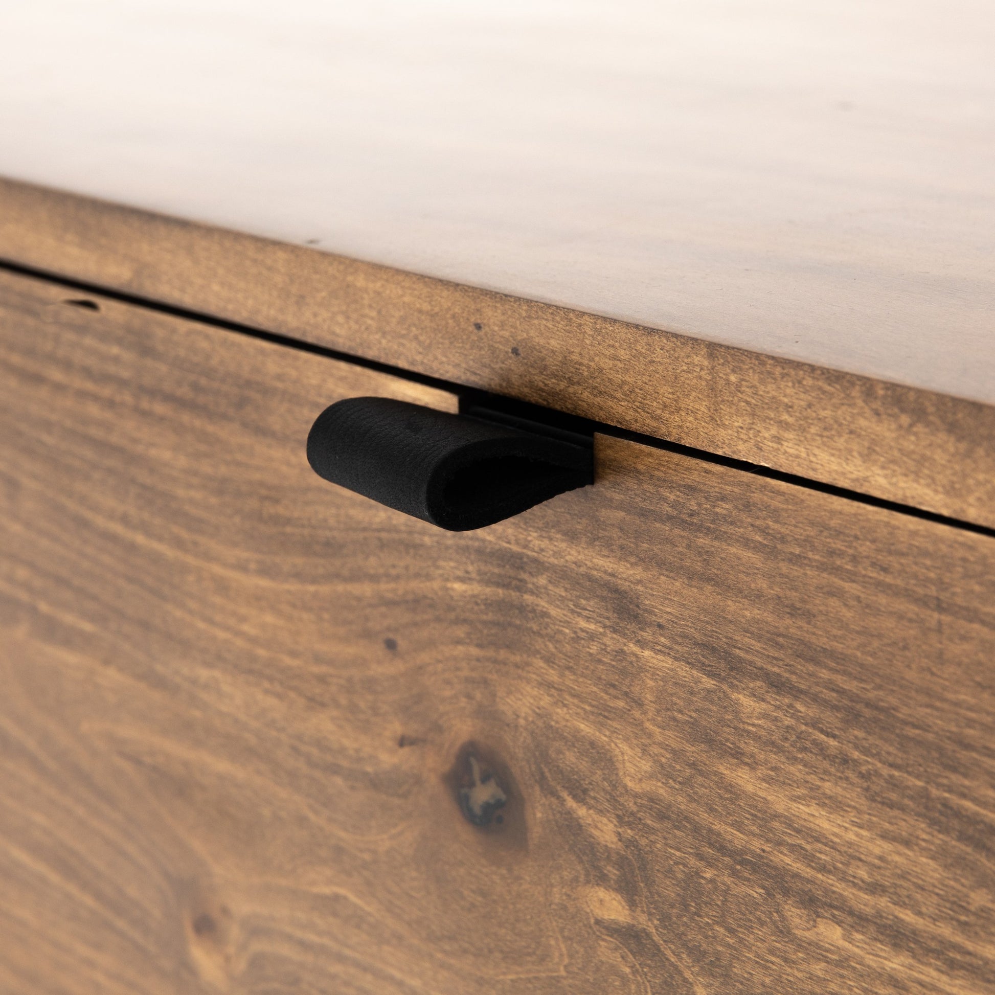 Trey 5 Drawer Dresser by Four Hands. Made from solid poplar, top grain leather, iron in a rustic style.
