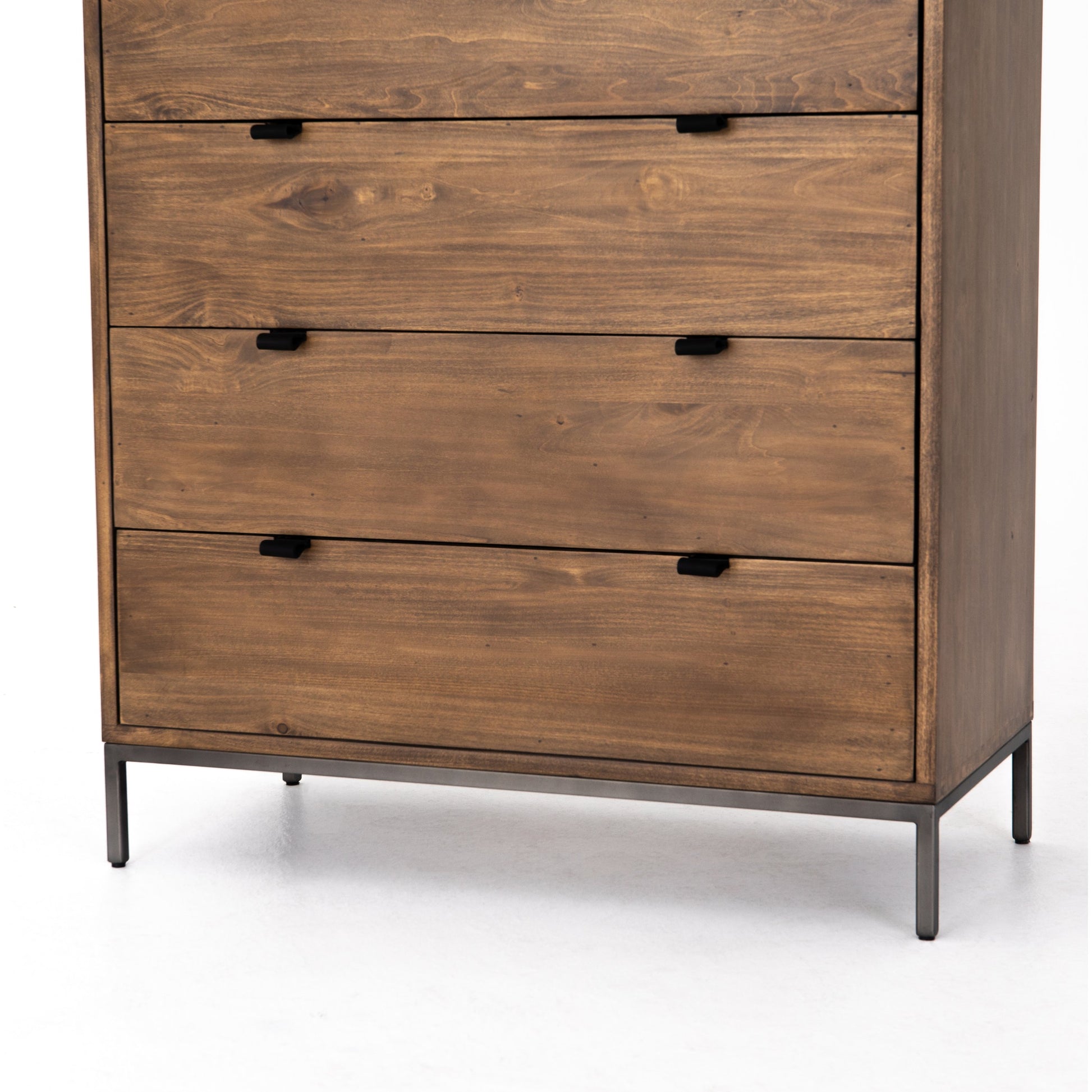 Trey 5 Drawer Dresser by Four Hands. Made from solid poplar, top grain leather, iron in a rustic style.