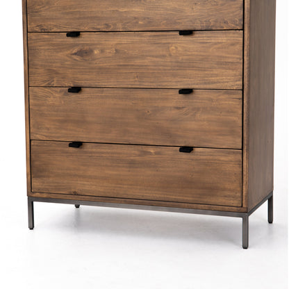 Trey 5 Drawer Dresser by Four Hands. Made from solid poplar, top grain leather, iron in a rustic style.
