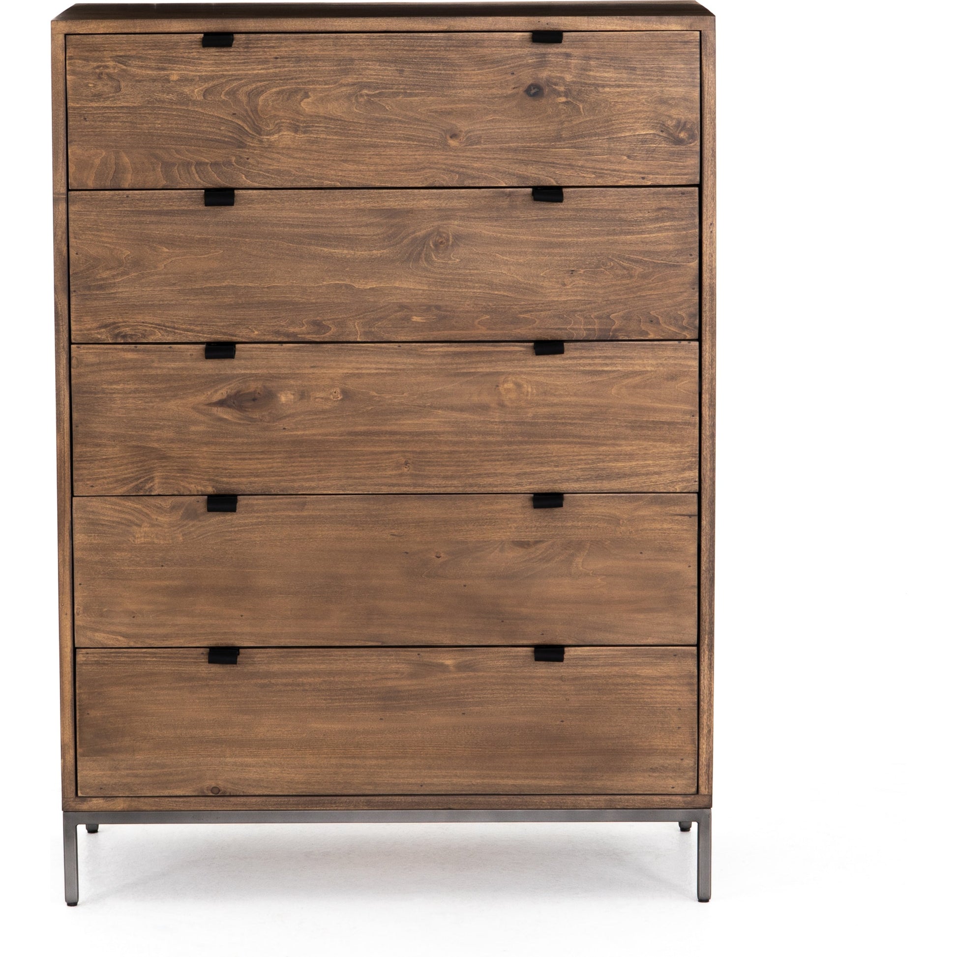 Trey 5 Drawer Dresser by Four Hands. Made from solid poplar, top grain leather, iron in a rustic style.