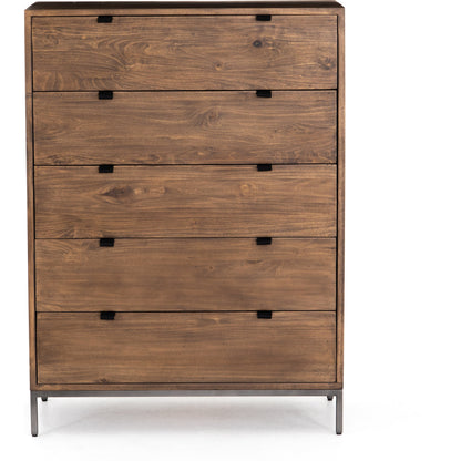 Trey 5 Drawer Dresser by Four Hands. Made from solid poplar, top grain leather, iron in a rustic style.
