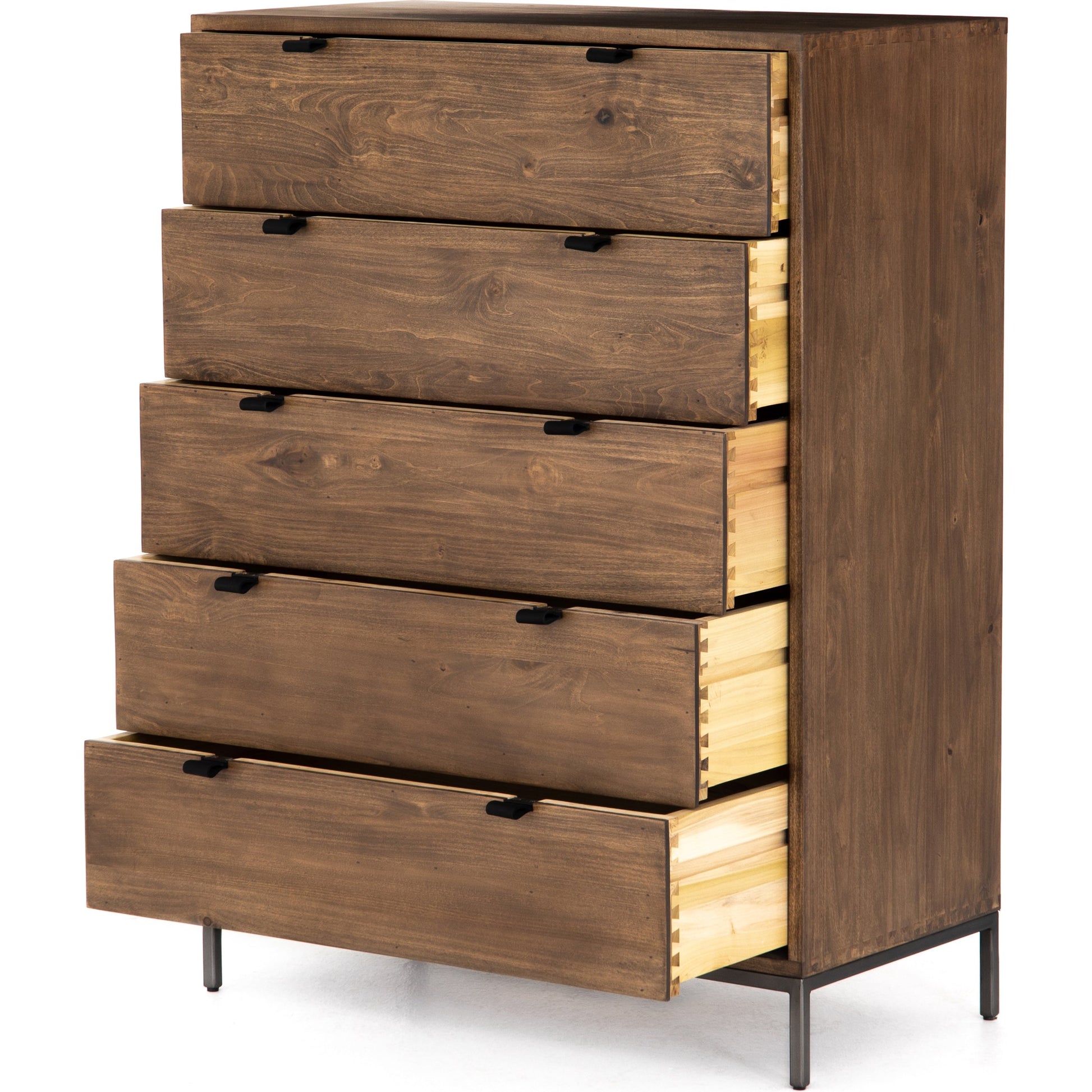 Trey 5 Drawer Dresser by Four Hands. Made from solid poplar, top grain leather, iron in a rustic style.
