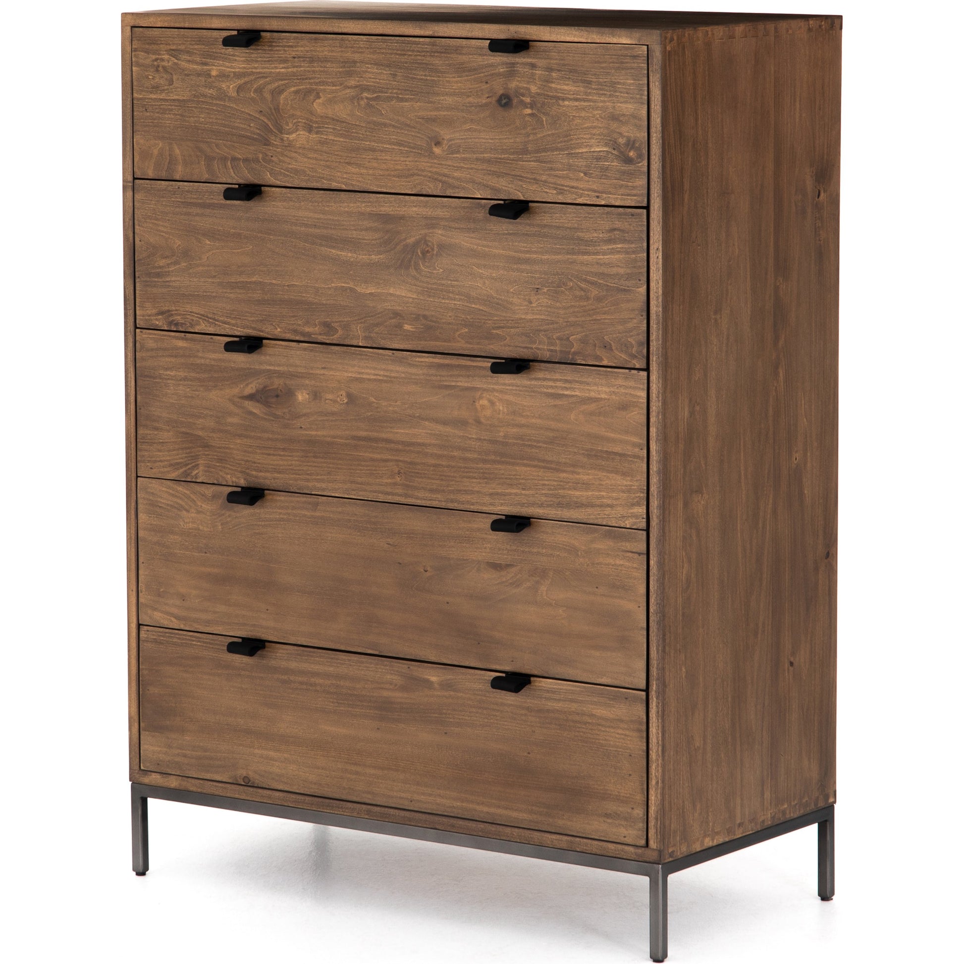 Trey 5 Drawer Dresser by Four Hands. Made from solid poplar, top grain leather, iron in a rustic style.