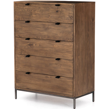 Trey 5 Drawer Dresser by Four Hands. Made from solid poplar, top grain leather, iron in a rustic style.