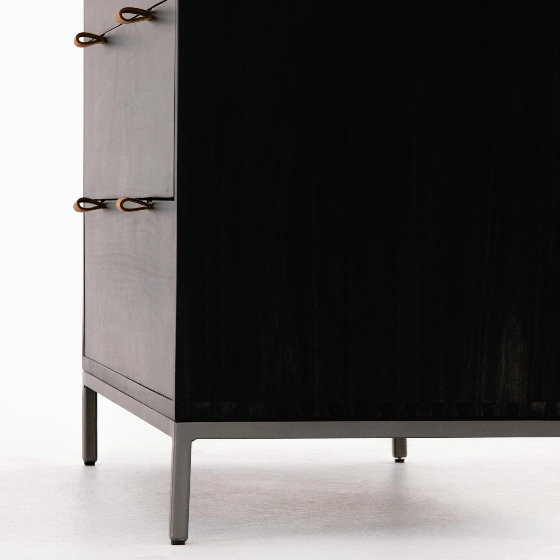 Trey 5 Drawer Dresser by Four Hands. Made from solid poplar, top grain leather, iron in a rustic style.