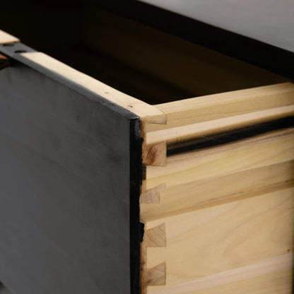 Trey 5 Drawer Dresser by Four Hands. Made from solid poplar, top grain leather, iron in a rustic style.
