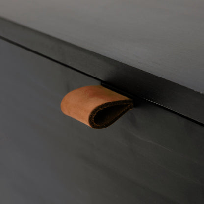 Trey 5 Drawer Dresser by Four Hands. Made from solid poplar, top grain leather, iron in a rustic style.