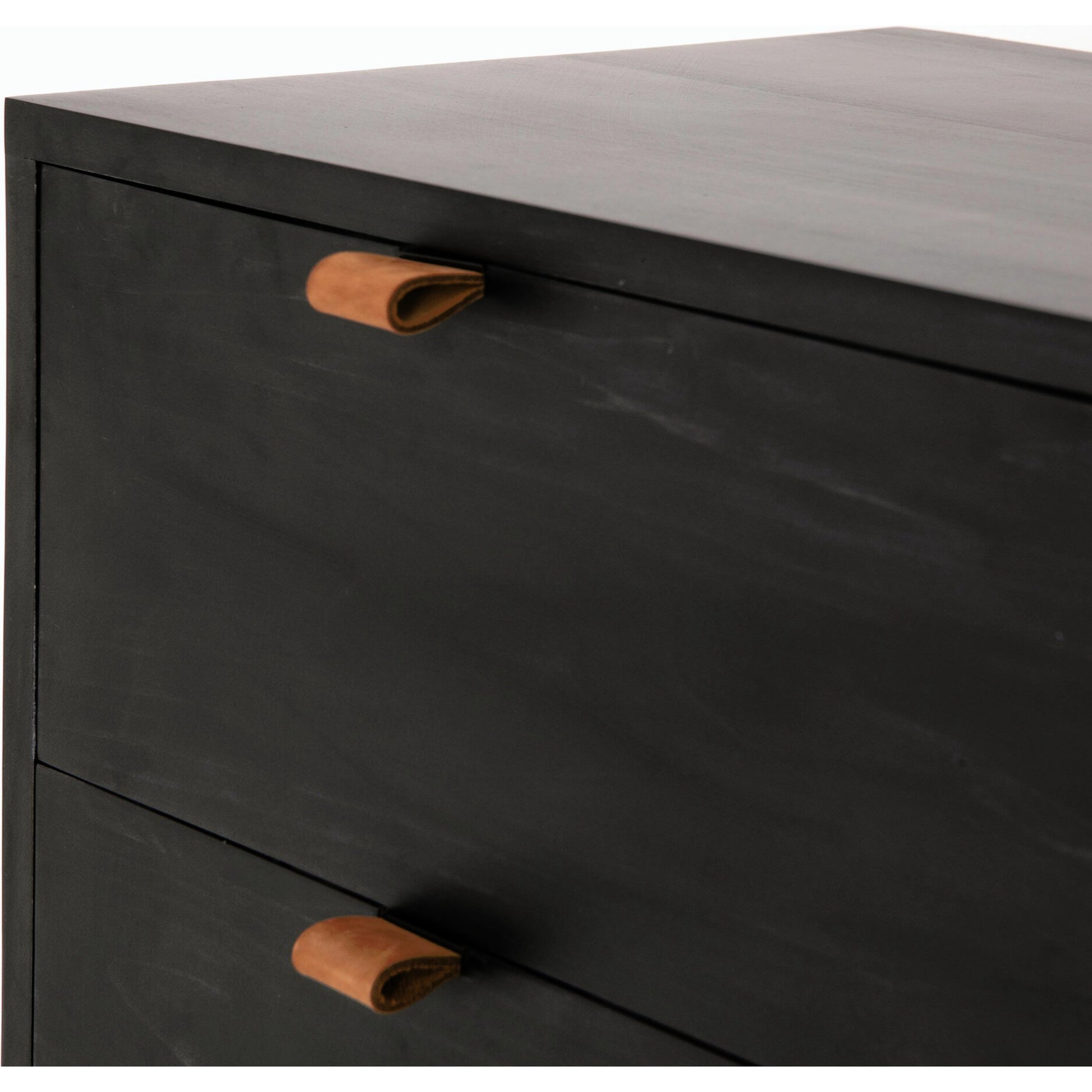 Trey 5 Drawer Dresser by Four Hands. Made from solid poplar, top grain leather, iron in a rustic style.