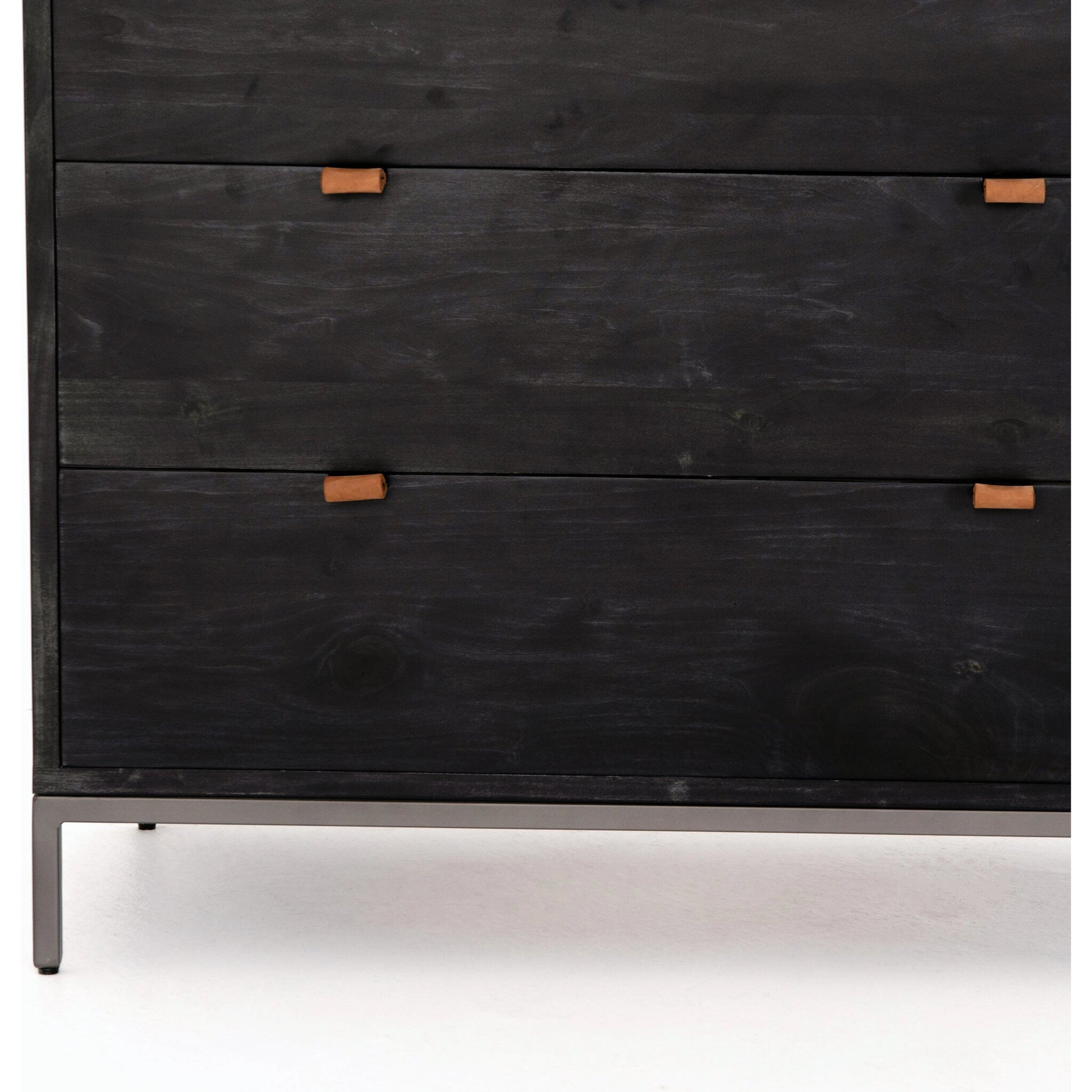 Trey 5 Drawer Dresser by Four Hands. Made from solid poplar, top grain leather, iron in a rustic style.