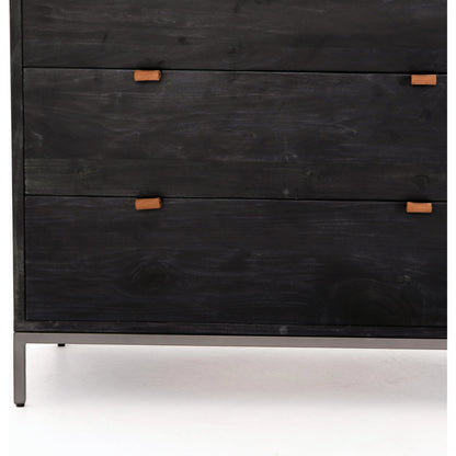 Trey 5 Drawer Dresser by Four Hands. Made from solid poplar, top grain leather, iron in a rustic style.