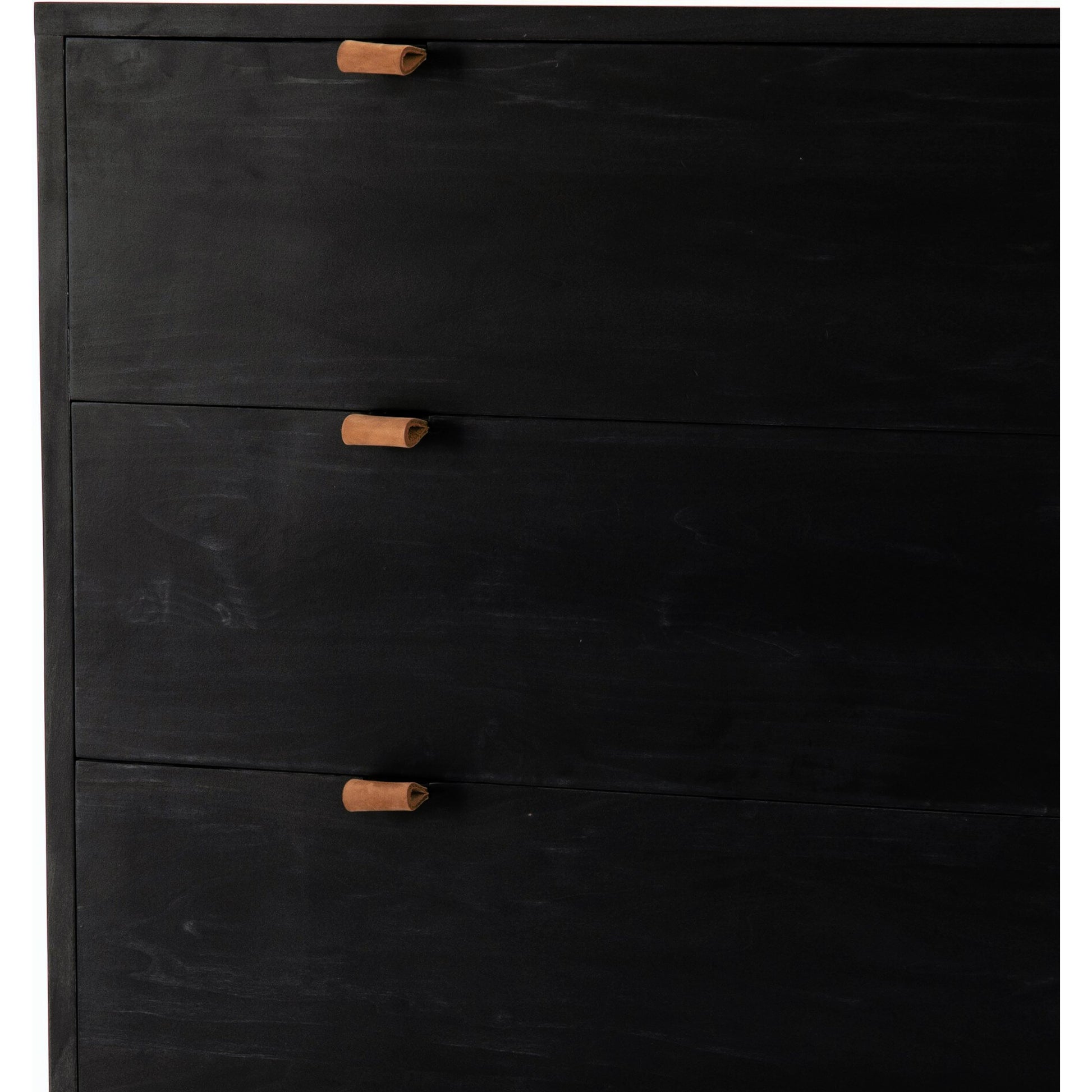 Trey 5 Drawer Dresser by Four Hands. Made from solid poplar, top grain leather, iron in a rustic style.