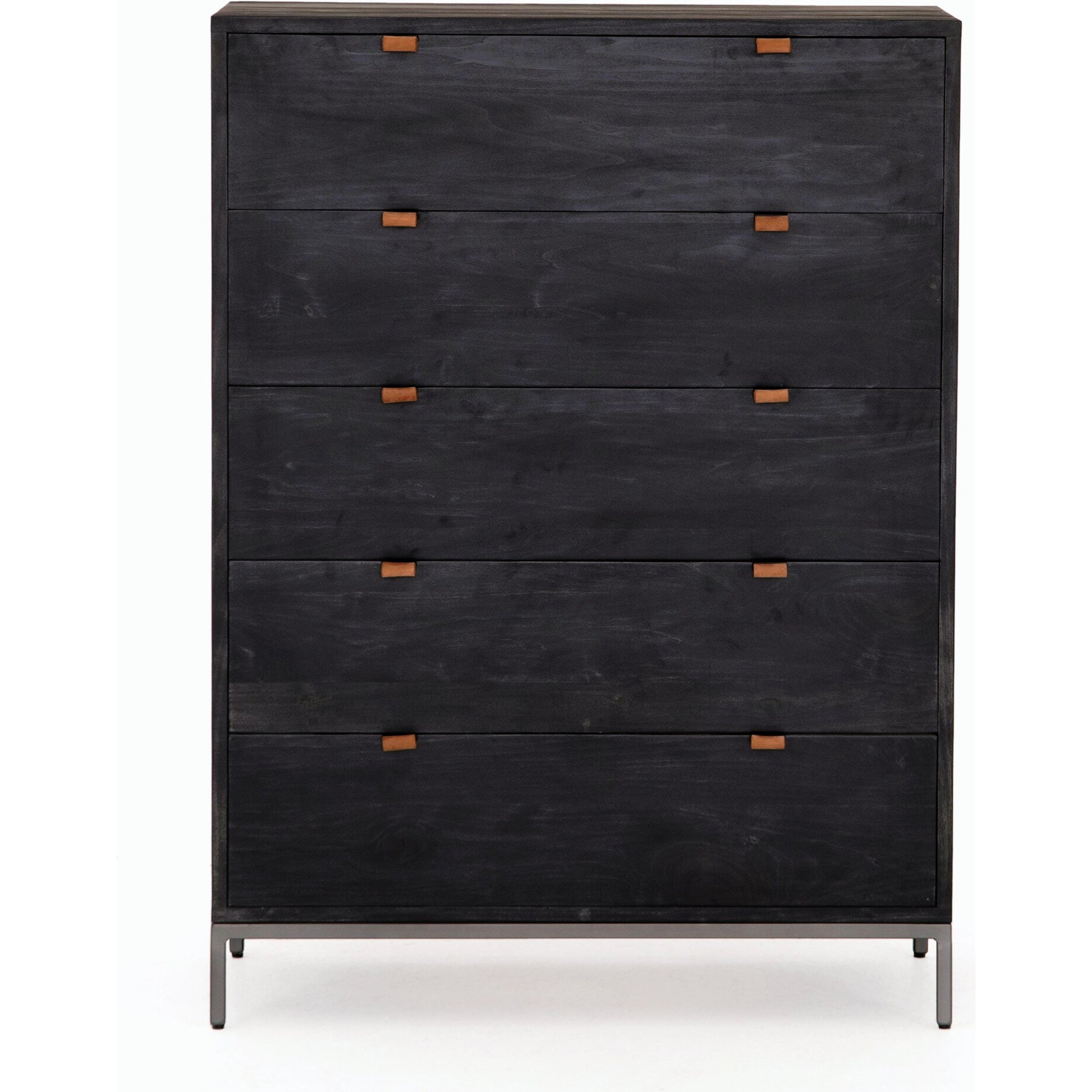 Trey 5 Drawer Dresser by Four Hands. Made from solid poplar, top grain leather, iron in a rustic style.