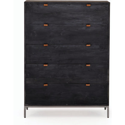 Trey 5 Drawer Dresser by Four Hands. Made from solid poplar, top grain leather, iron in a rustic style.