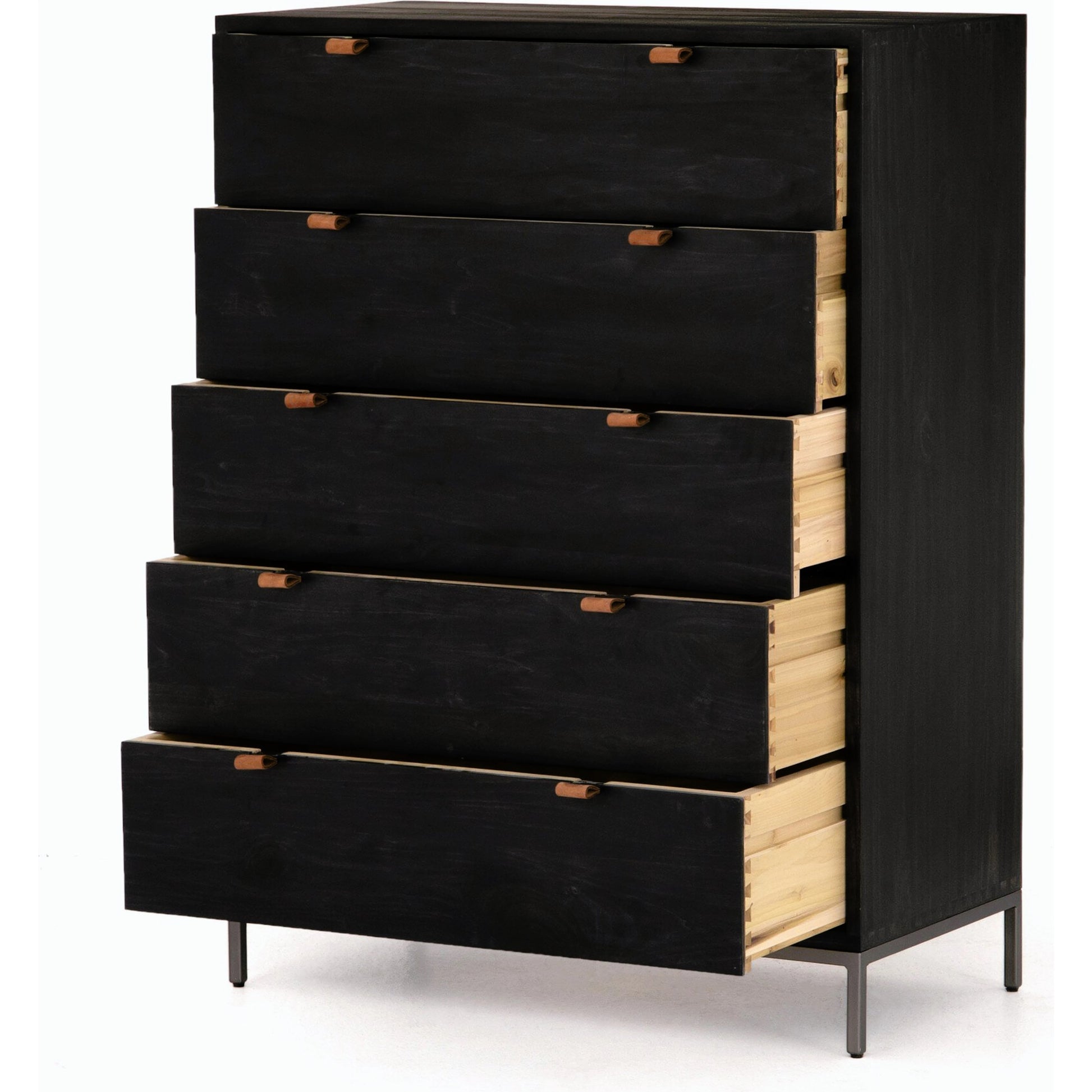 Trey 5 Drawer Dresser by Four Hands. Made from solid poplar, top grain leather, iron in a rustic style.