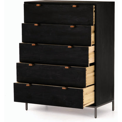 Trey 5 Drawer Dresser by Four Hands. Made from solid poplar, top grain leather, iron in a rustic style.