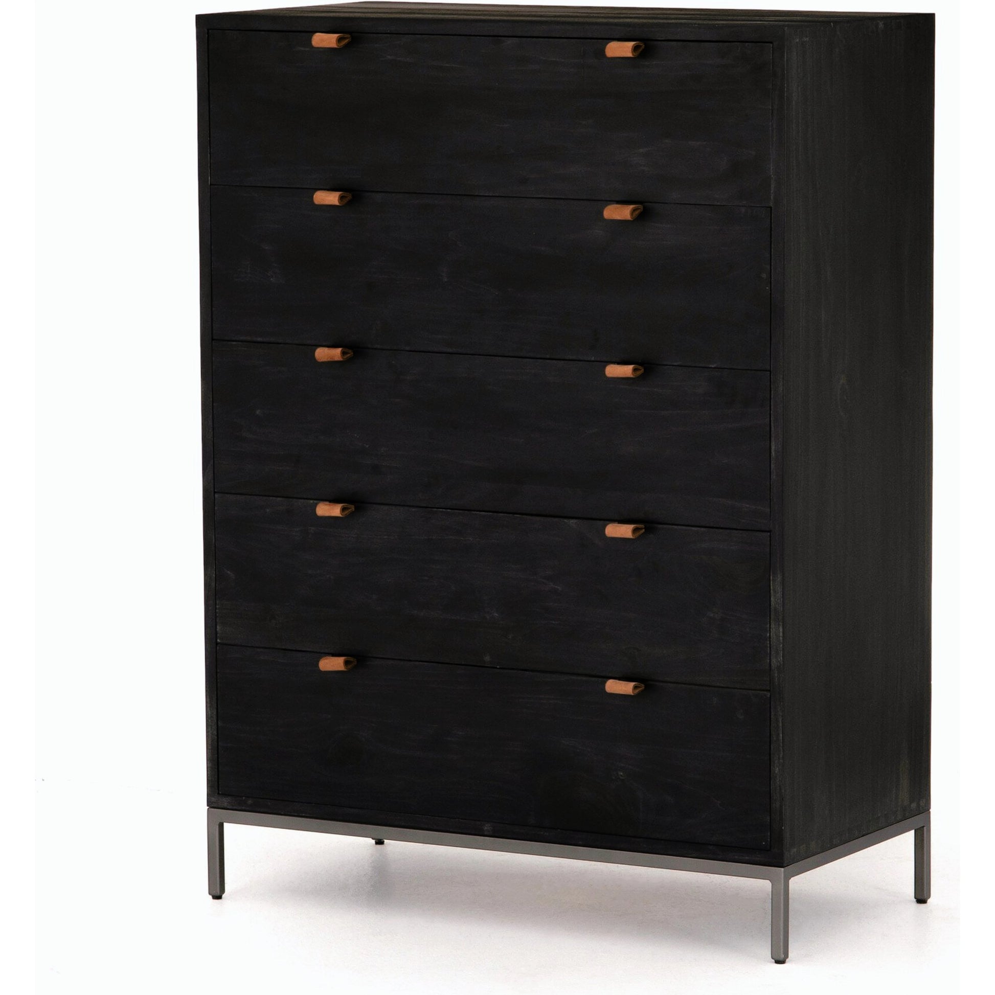 Trey 5 Drawer Dresser by Four Hands. Made from solid poplar, top grain leather, iron in a rustic style.