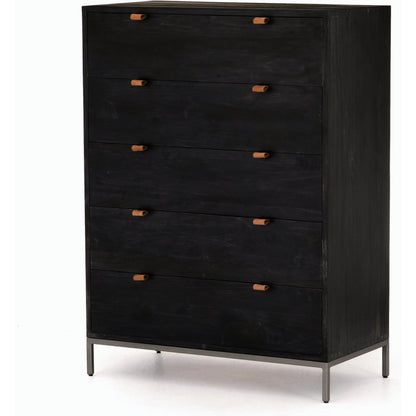 Trey 5 Drawer Dresser by Four Hands. Made from solid poplar, top grain leather, iron in a rustic style.