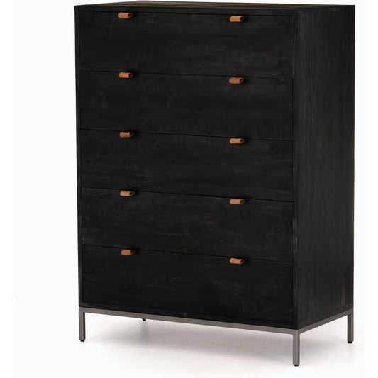 Trey 5 Drawer Dresser by Four Hands. Made from solid poplar, top grain leather, iron in a rustic style.